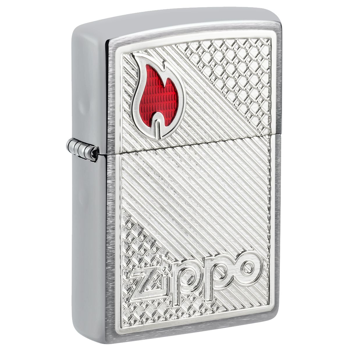 Zippo Lighter: Tiles Emblem with Flame - Brushed Chrome 48126