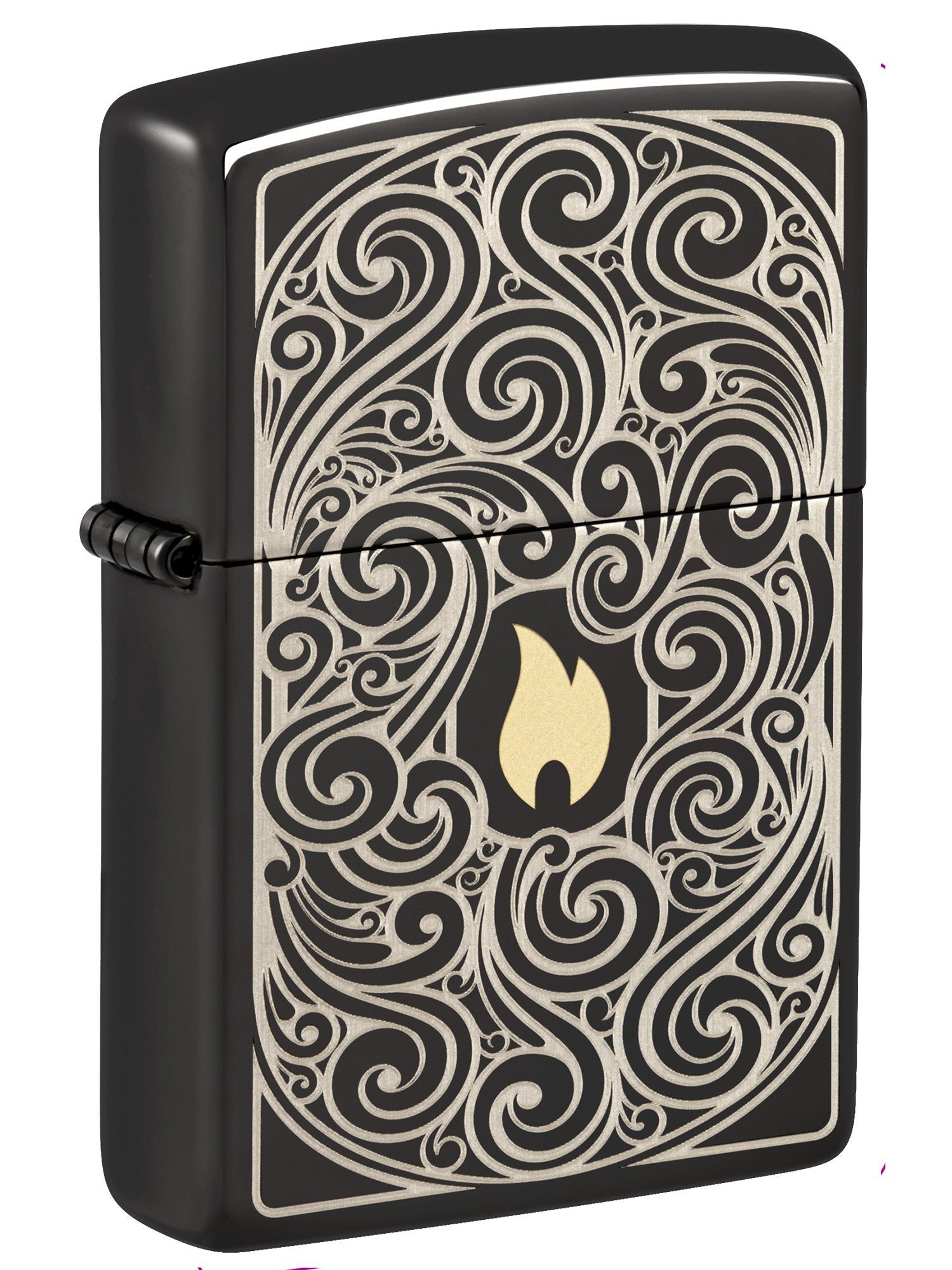 Zippo Lighter: Engraved Pattern with Flame - High Polish Black 48474