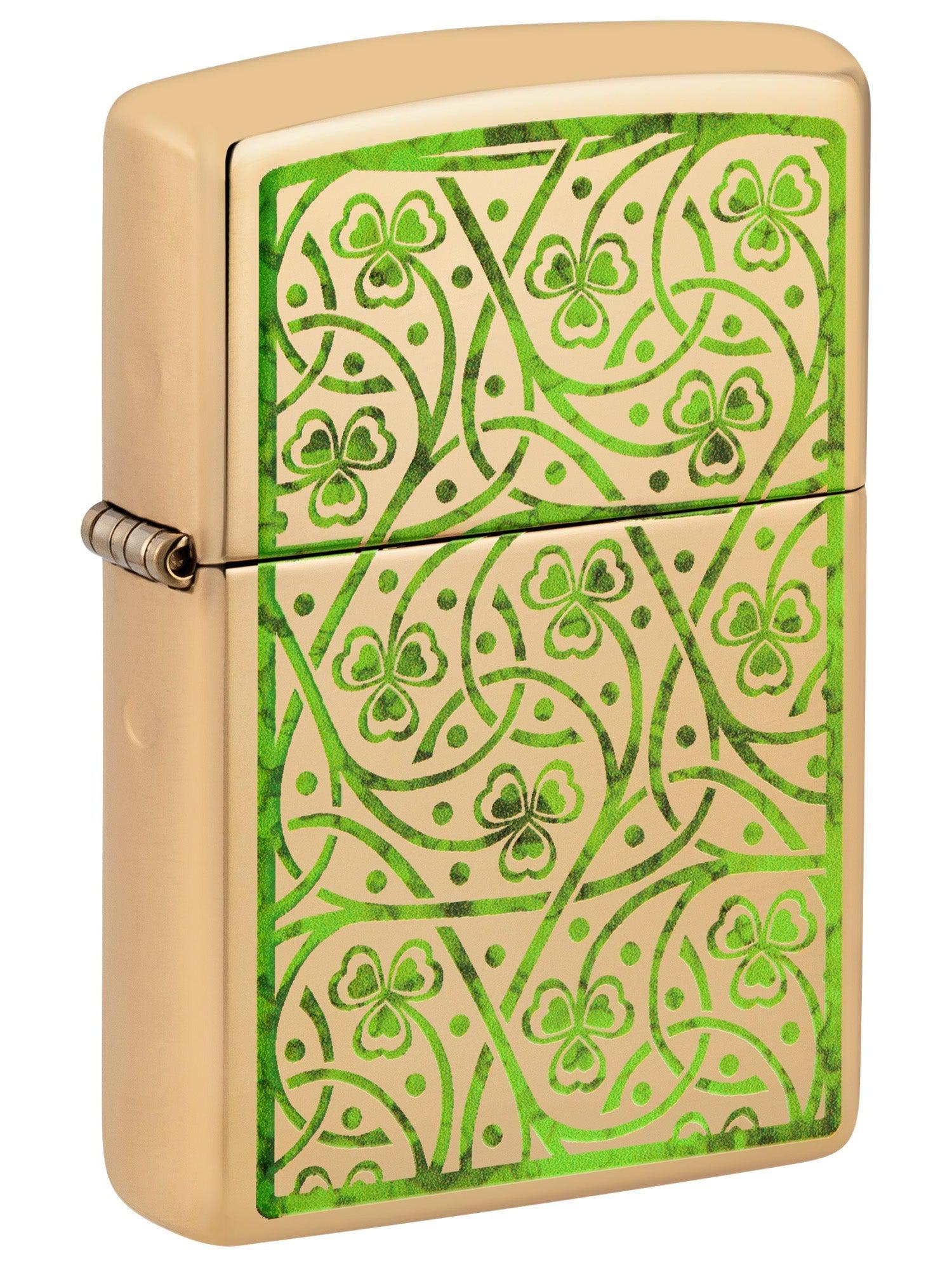 Zippo Lighter: Fusion Shamrock Pattern - High Polish Brass 48806