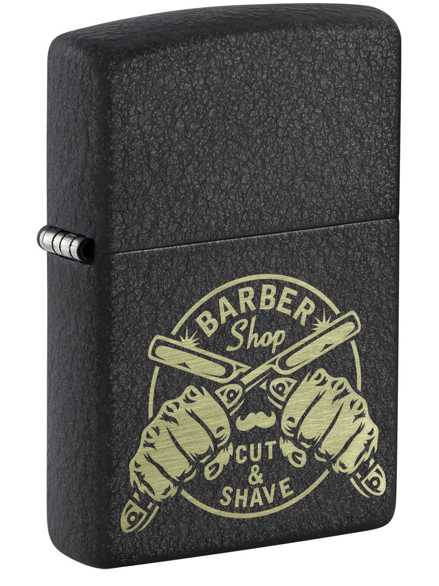 Zippo Lighter: Barber Shop Cut and Shave, Engraved - Black Crackle 48840