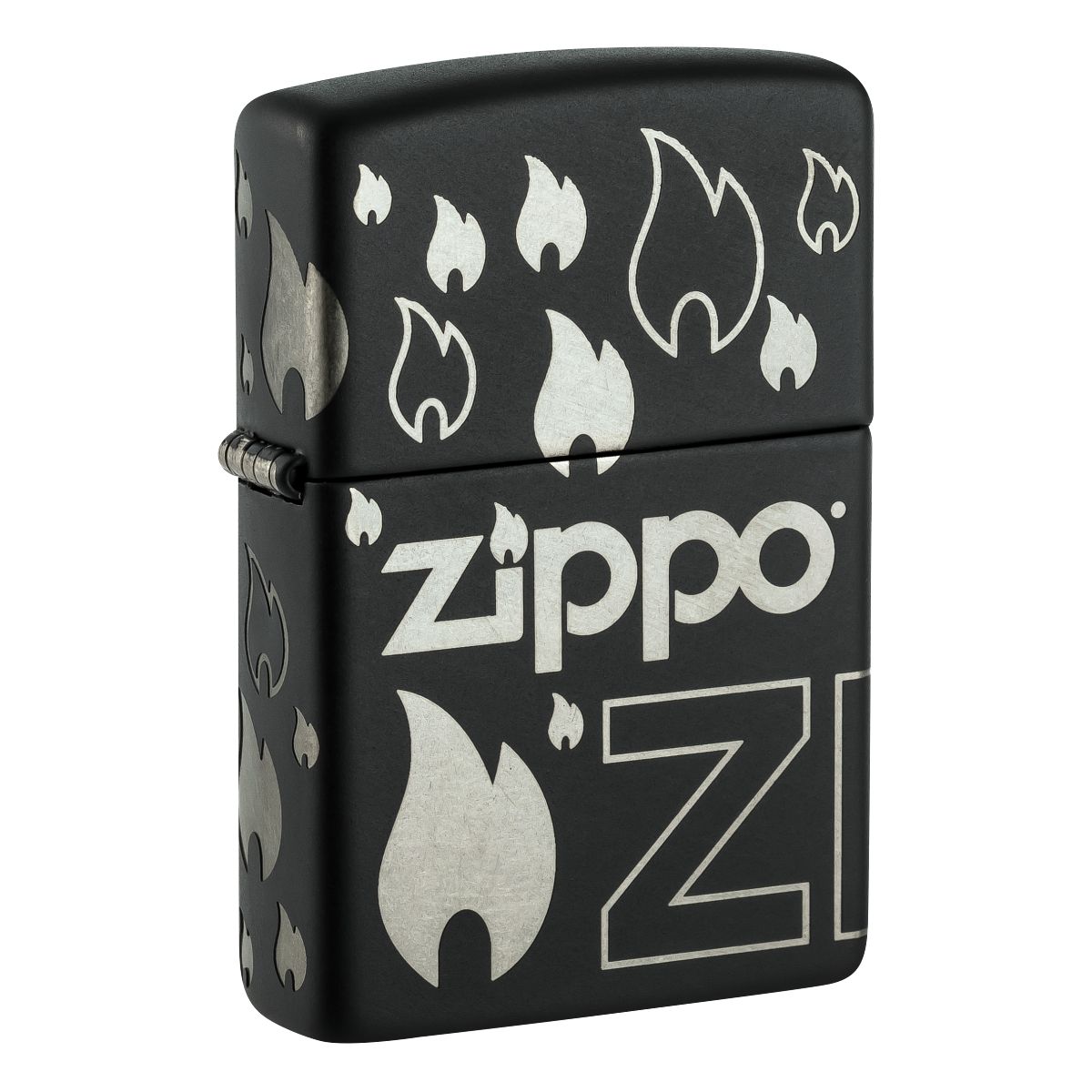 Zippo Lighter: Zippo Logo and Flames, Laser 360 - Black Matte 48908