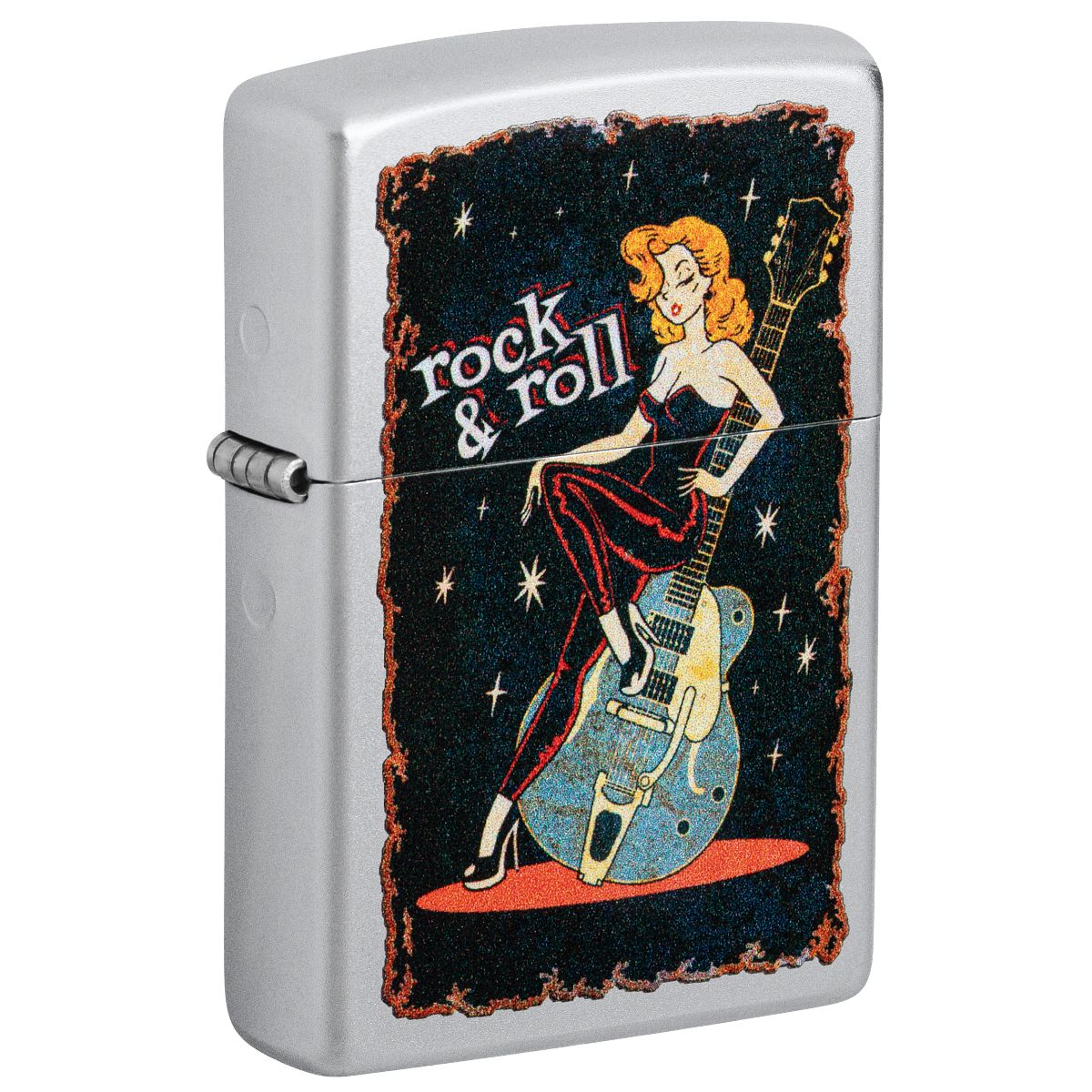 Zippo Lighter: Rock and Roll Girl with Guitar - Satin Chrome 48930