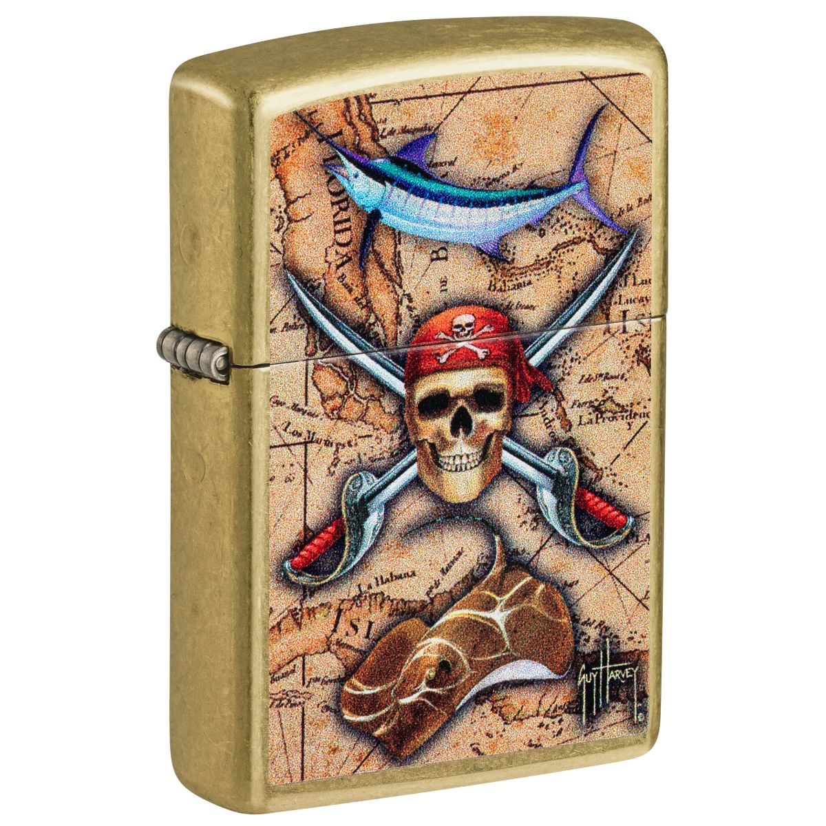 Zippo Lighter: Pirate Skull and Treasure Map by Guy Harvey - Tumbled Brass 48966