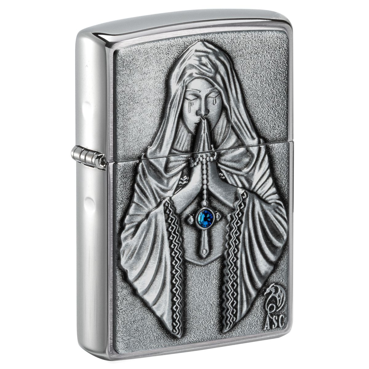 Zippo Lighter: Anne Stokes, Praying Woman Emblem - Brushed Chrome 49756