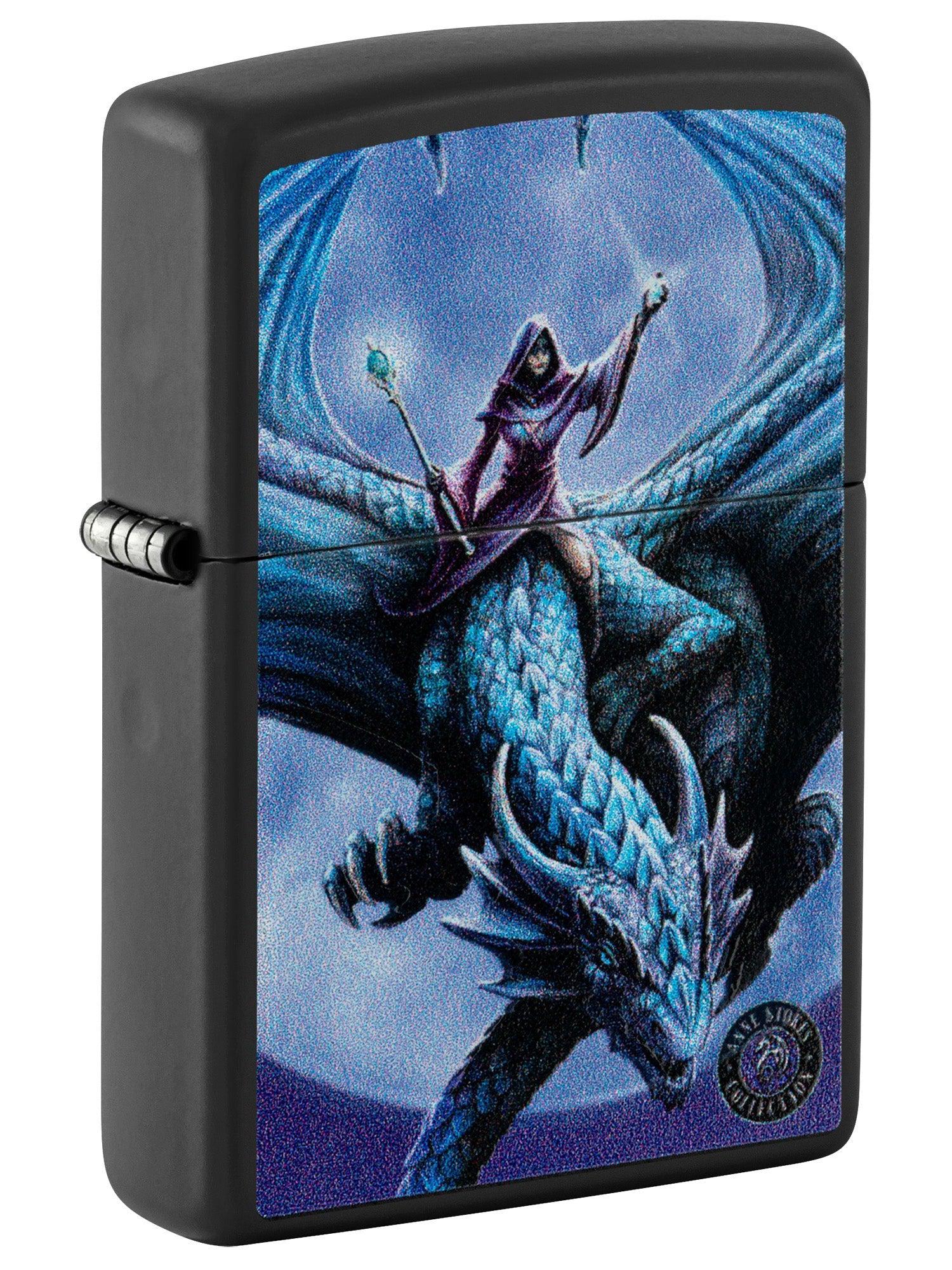 Zippo Lighter: Anne Stokes Lady Riding Dragon, Blacklight - Black Matte 81498