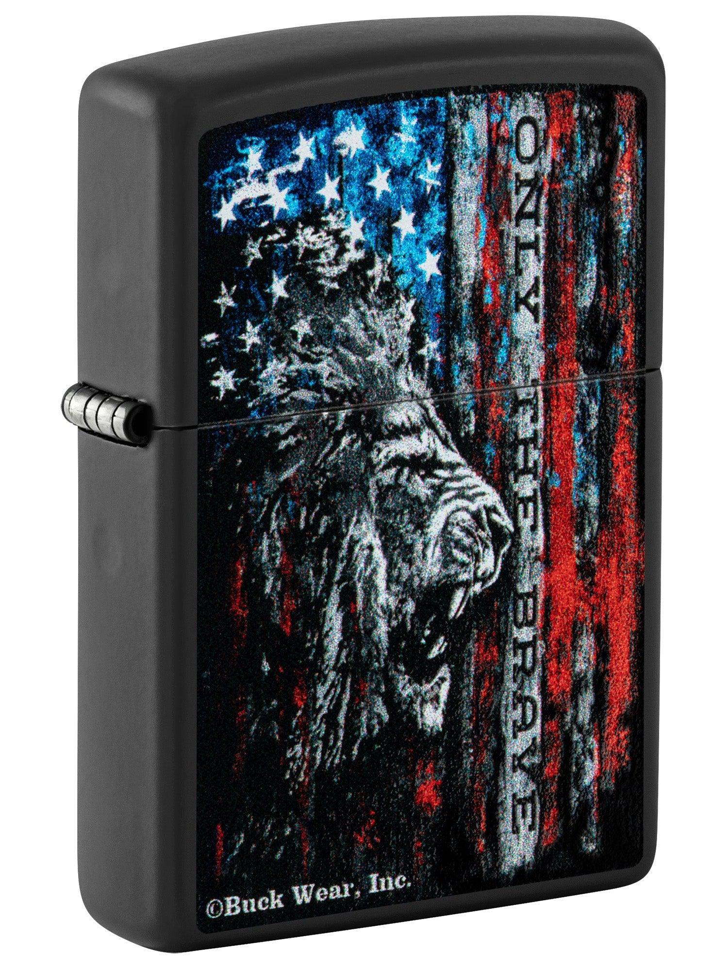 Zippo Lighter: Lion and Flag, Only the Brave - Black Matte 81501