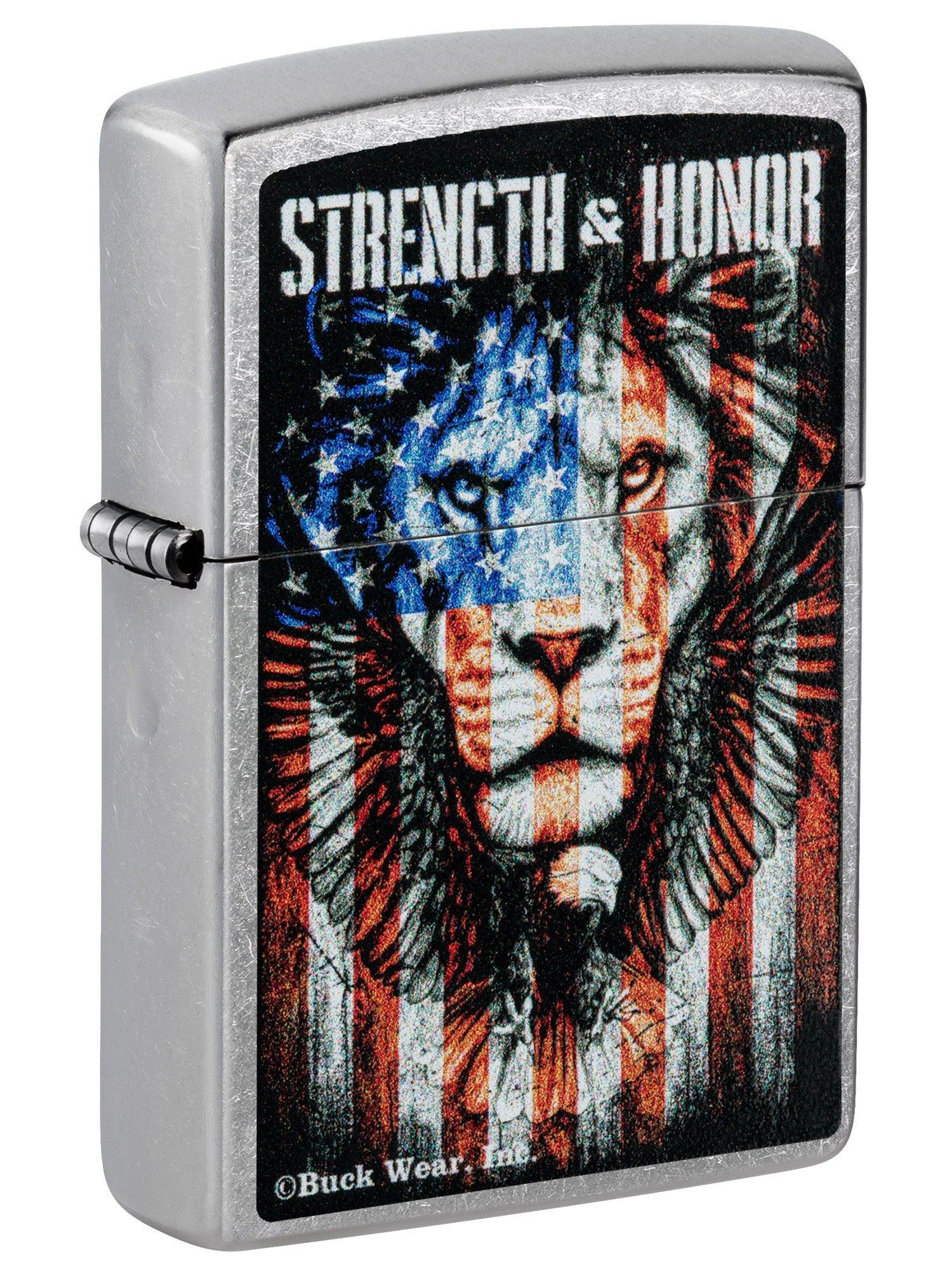 Zippo Lighter: Lion and Flag, Strength and Honor - Street Chrome 81502