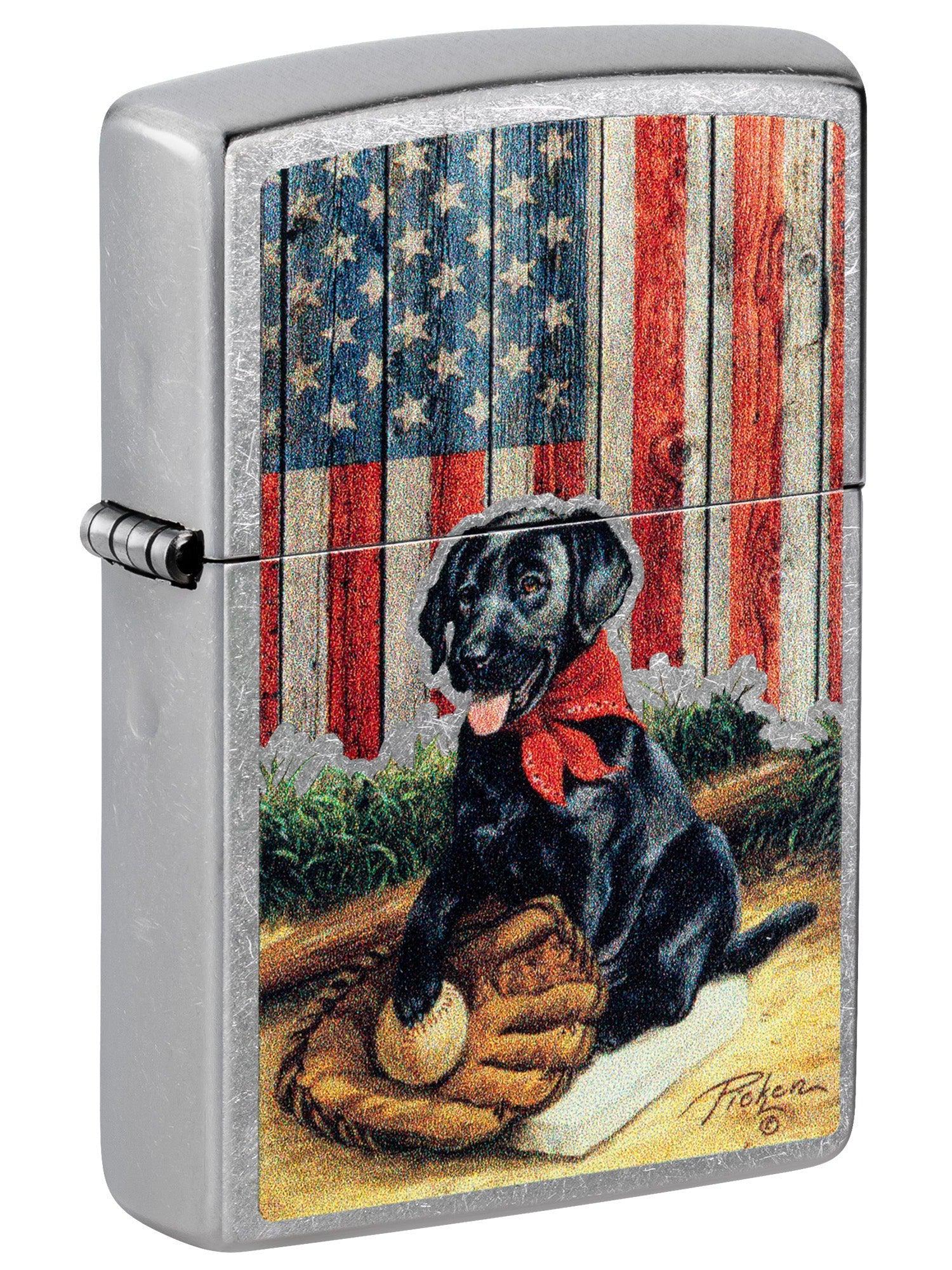 Zippo Lighter: Black Lab Dog and Flag by Linda Picken - Street Chrome 81523