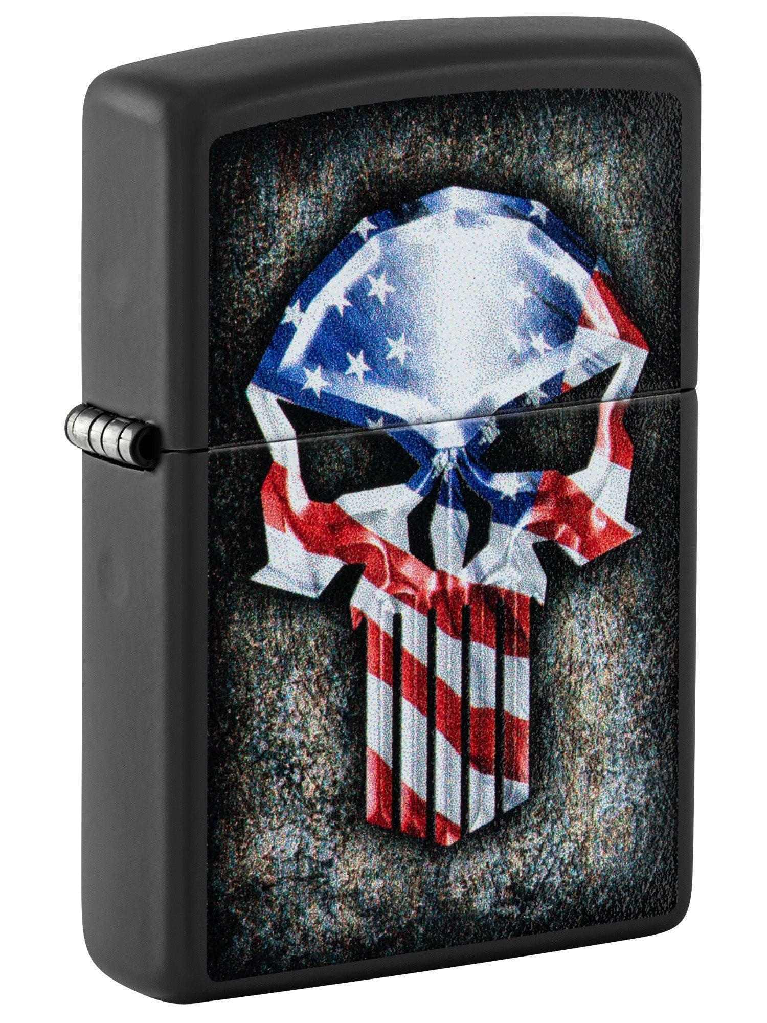 Zippo Lighter: Skull Punisher, American Flag - Black Matte 81556