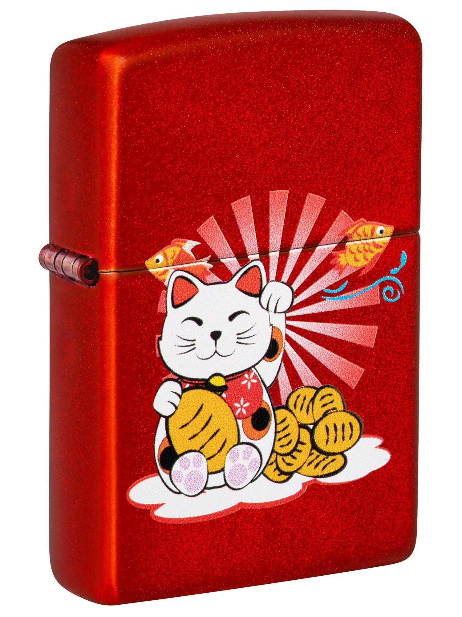 Zippo Lighter: Lucky Cat with Rays - Metallic Red 81577