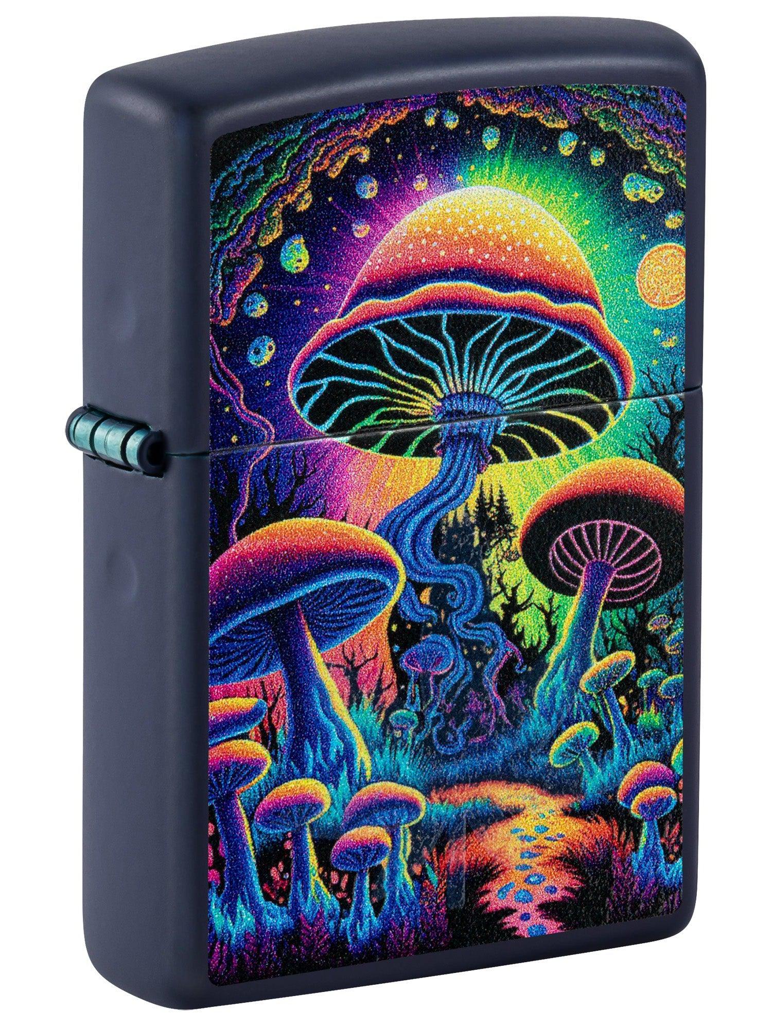 Zippo Lighter: Mushrooms and Weed Leaf, Blacklight - Navy Matte 81583