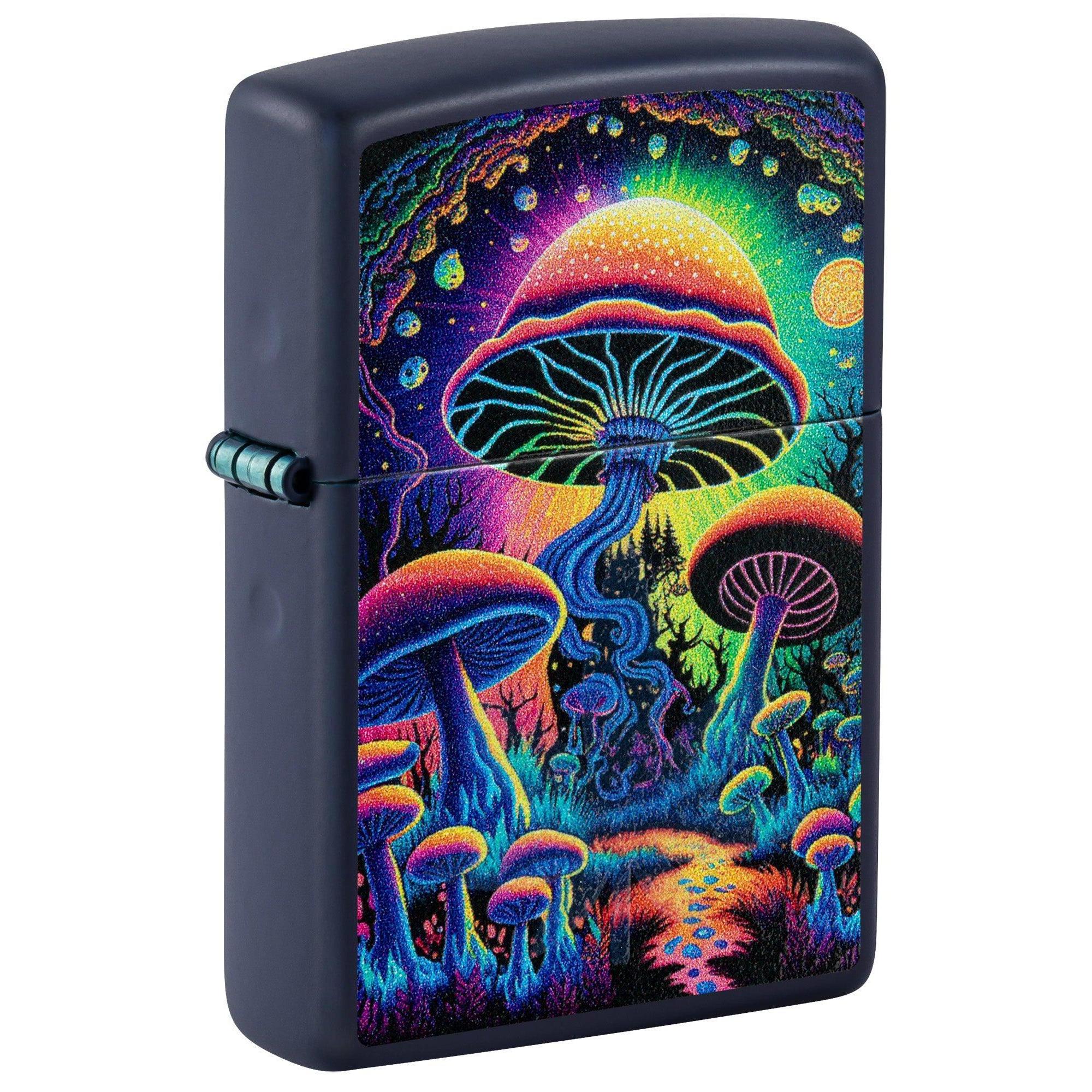 Zippo Lighter: Mushrooms and Weed Leaf, Blacklight - Navy Matte 81583