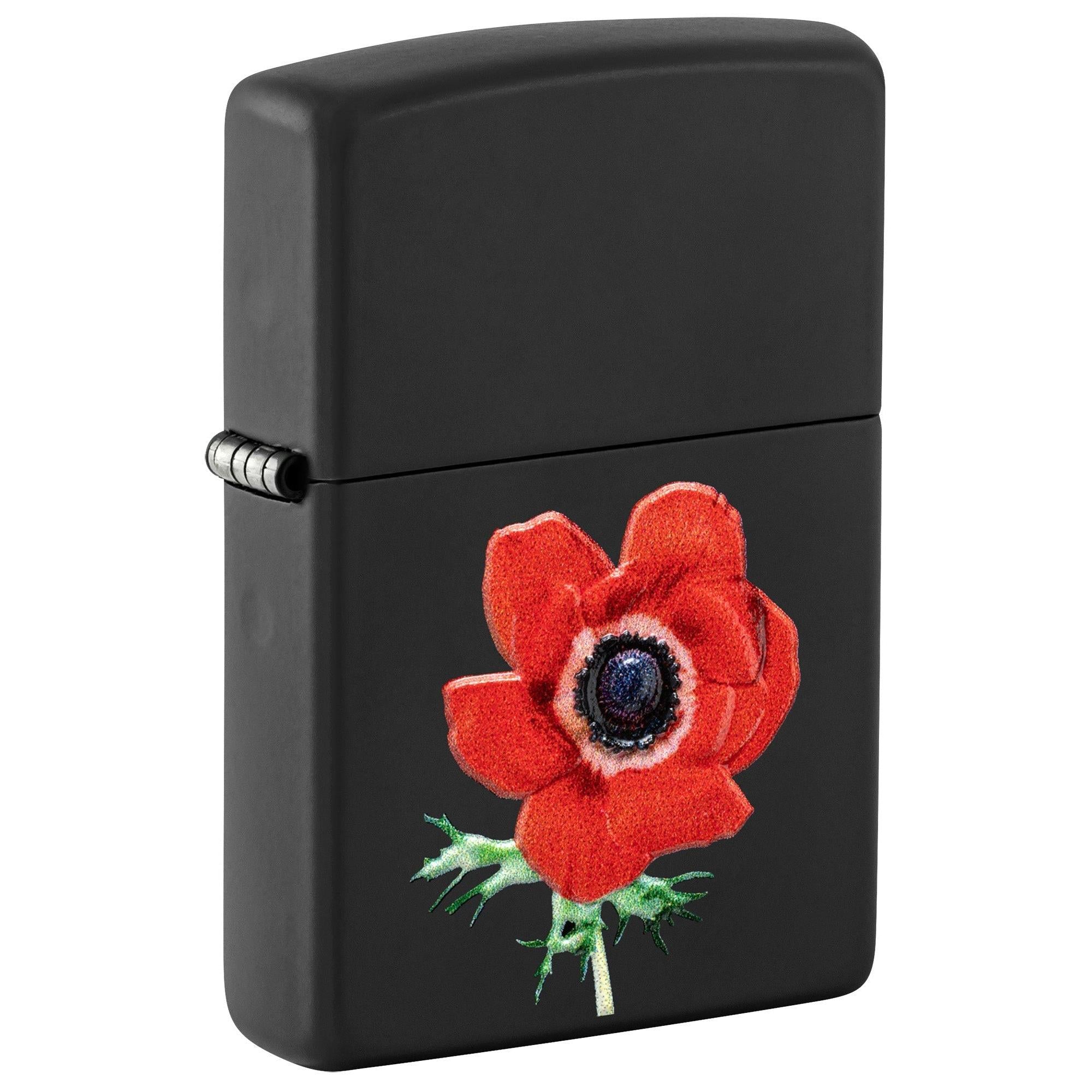 Zippo Lighter: Raised Flower Emblem - Black Matte 81654