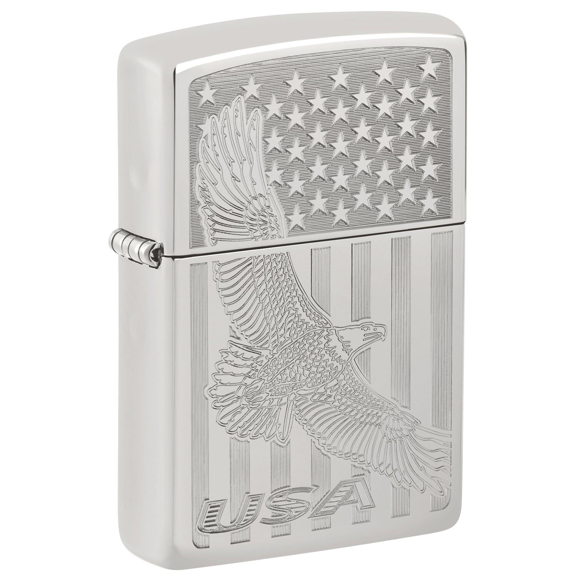 Zippo Sterling Silver Lighter: Engraved Eagle and American Flag - High Polish 81665