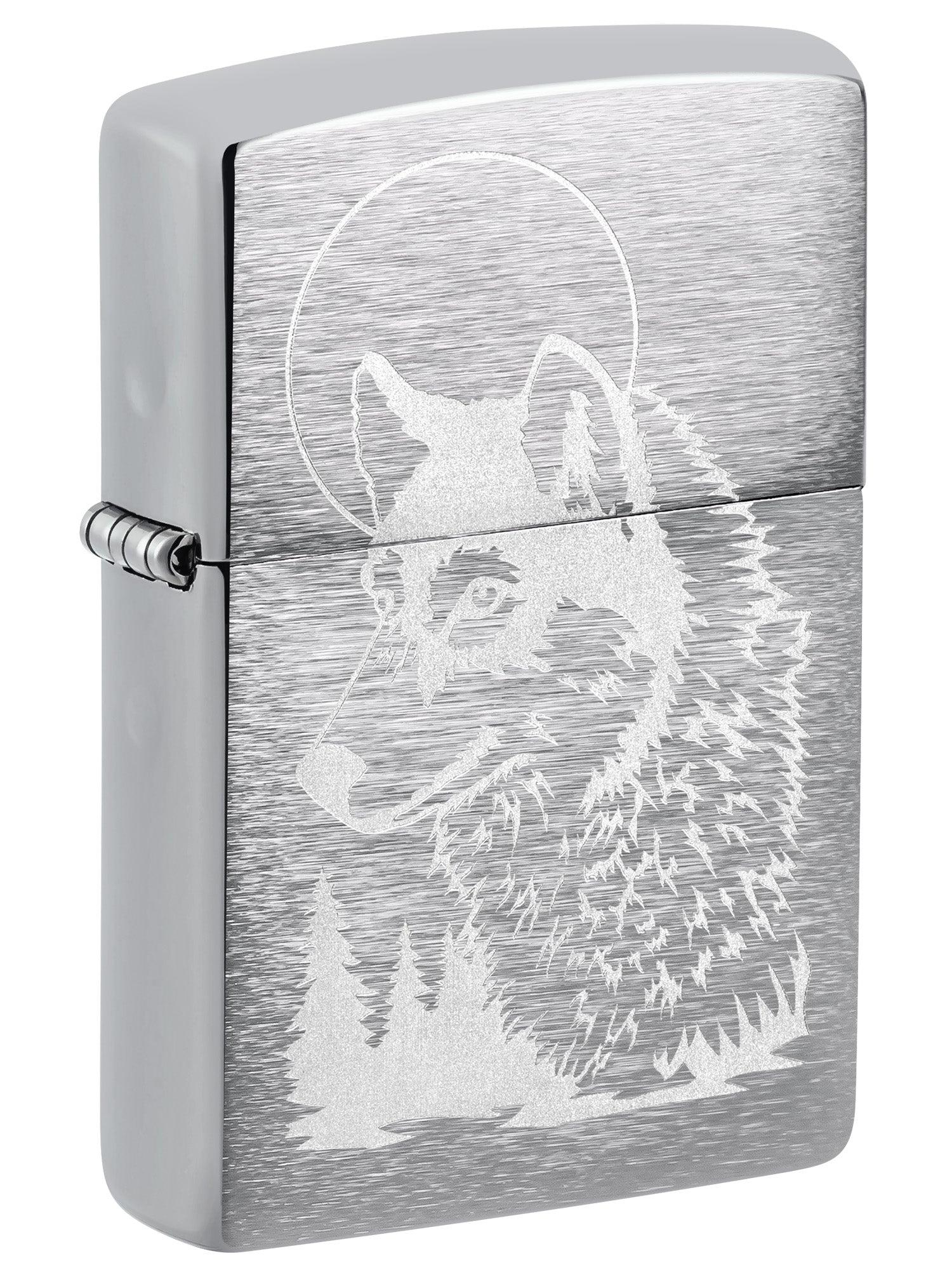 Zippo Lighter: Engraved Wolf with Moon - Brushed Chrome 81695