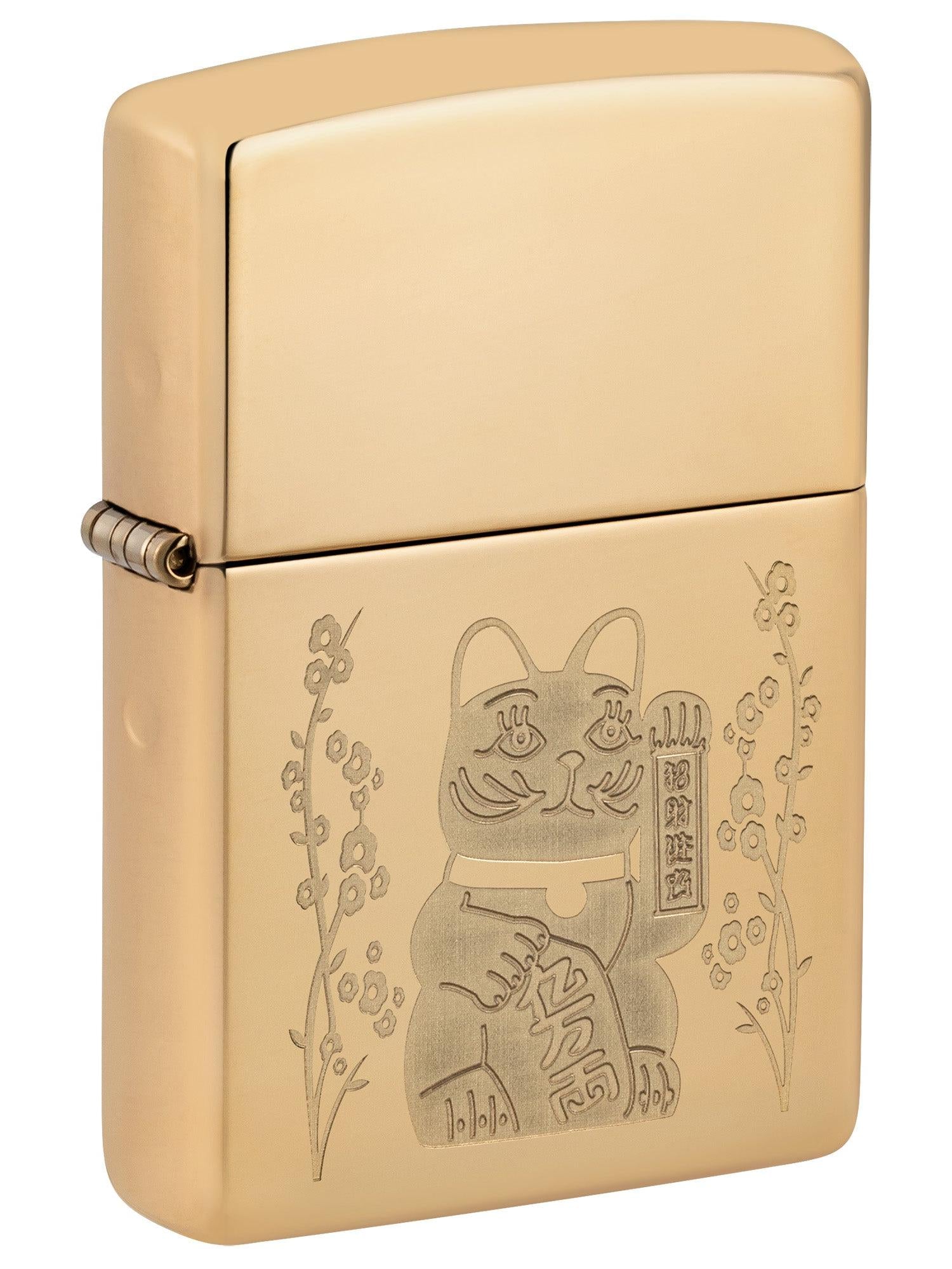 Zippo Lighter: Lucky Cat, Engraved - High Polish Brass 81707