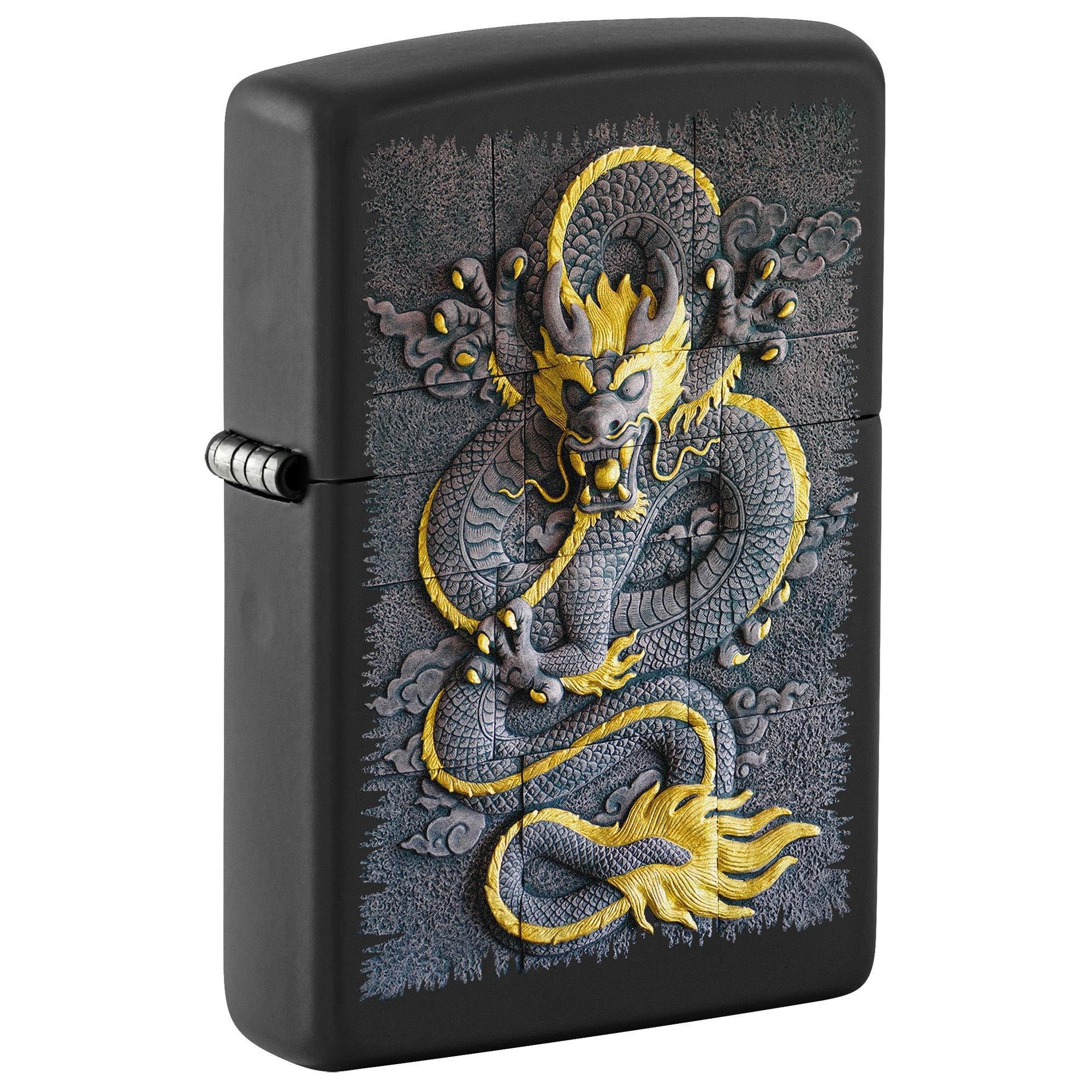 Zippo Lighter: Stone Dragon Design - Black Matte 81713