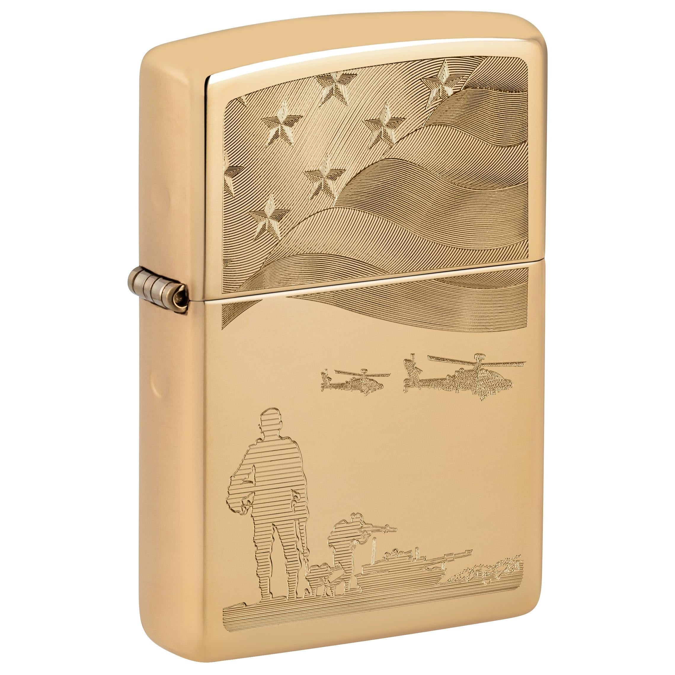 Zippo Lighter: Soldiers and American Flag, Engraved - High Polish Brass 81717