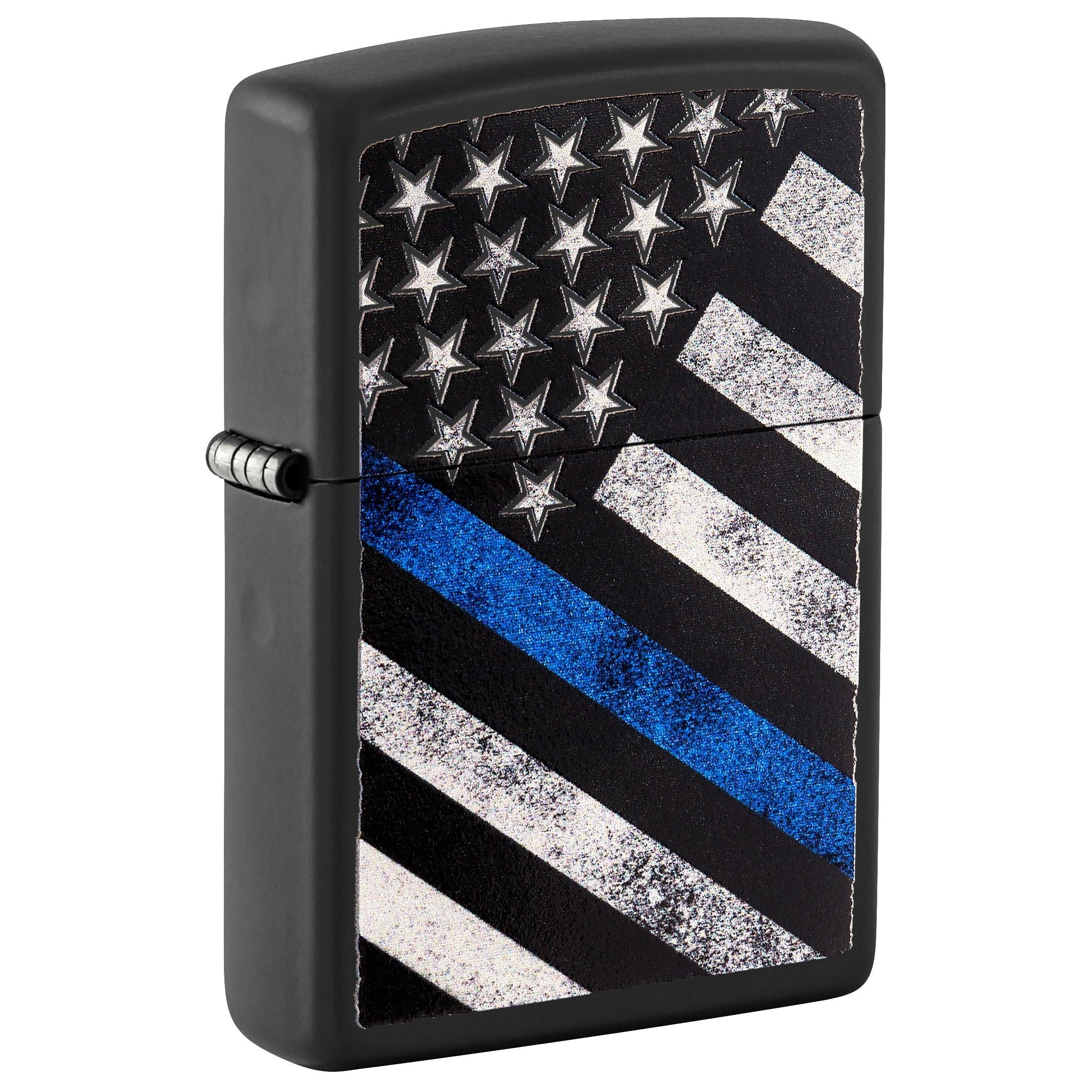 Zippo Lighter: Police Flag, Thin Blue Line - Black Matte 81735