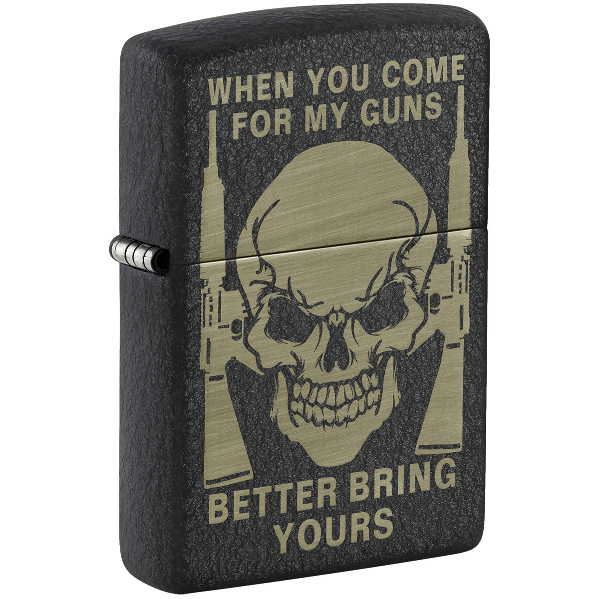 Zippo Lighter: Skull, Bring Your Guns Engraved - Black Crackle 81760