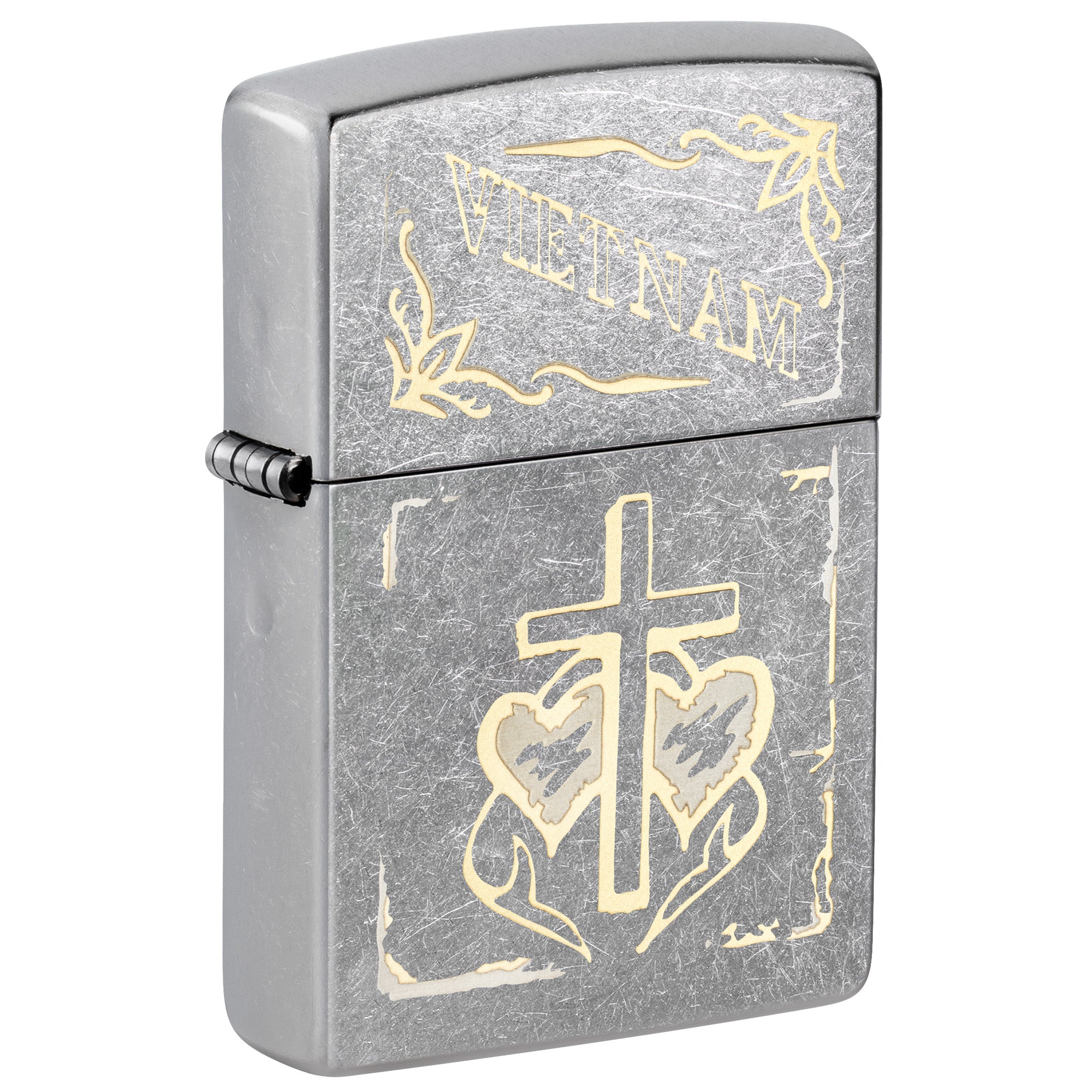 Zippo Lighter: Vietnam War Trench Art, Cross and Hearts - Street Chrome 81807