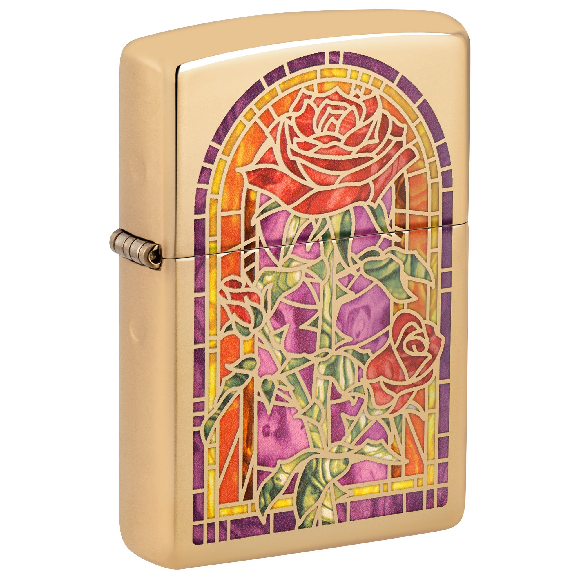 Zippo Lighter: Stained Glass Rose - High Polish Brass 81829