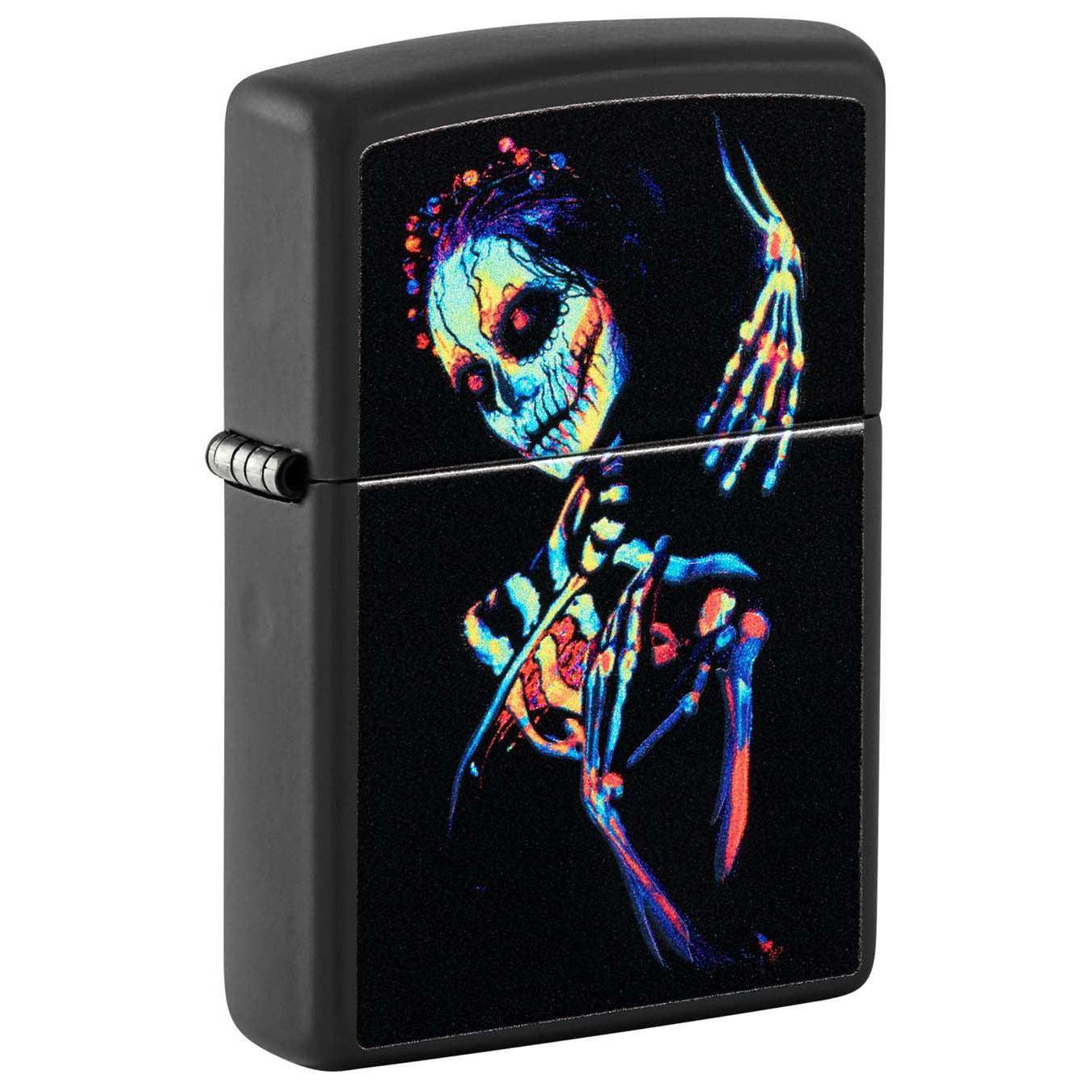 Zippo Lighter: Colorful Skeleton, Black Light - Black Matte 48647