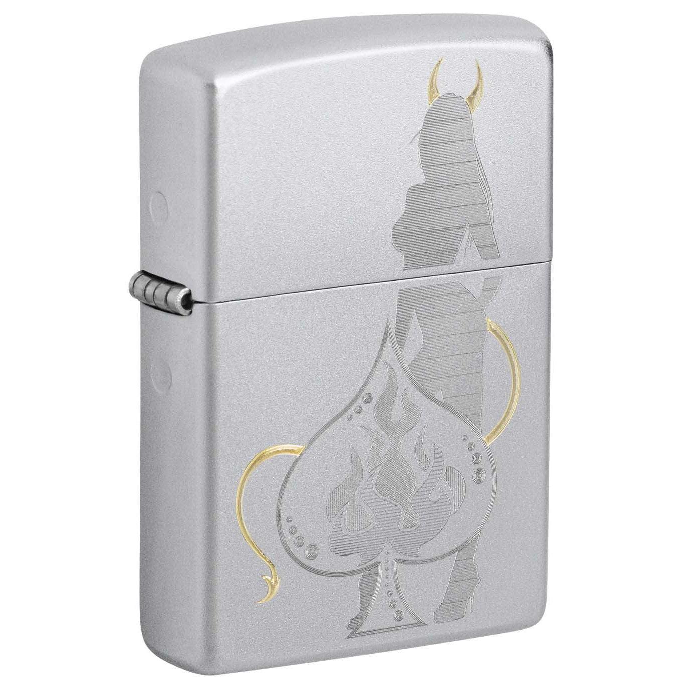 Zippo Lighter: Devilish Ace Design - Satin Chrome 48658
