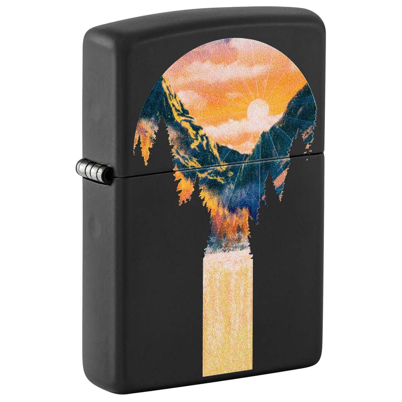 Zippo Lighter: Mountain Scene, Black Light - Black Matte 48676