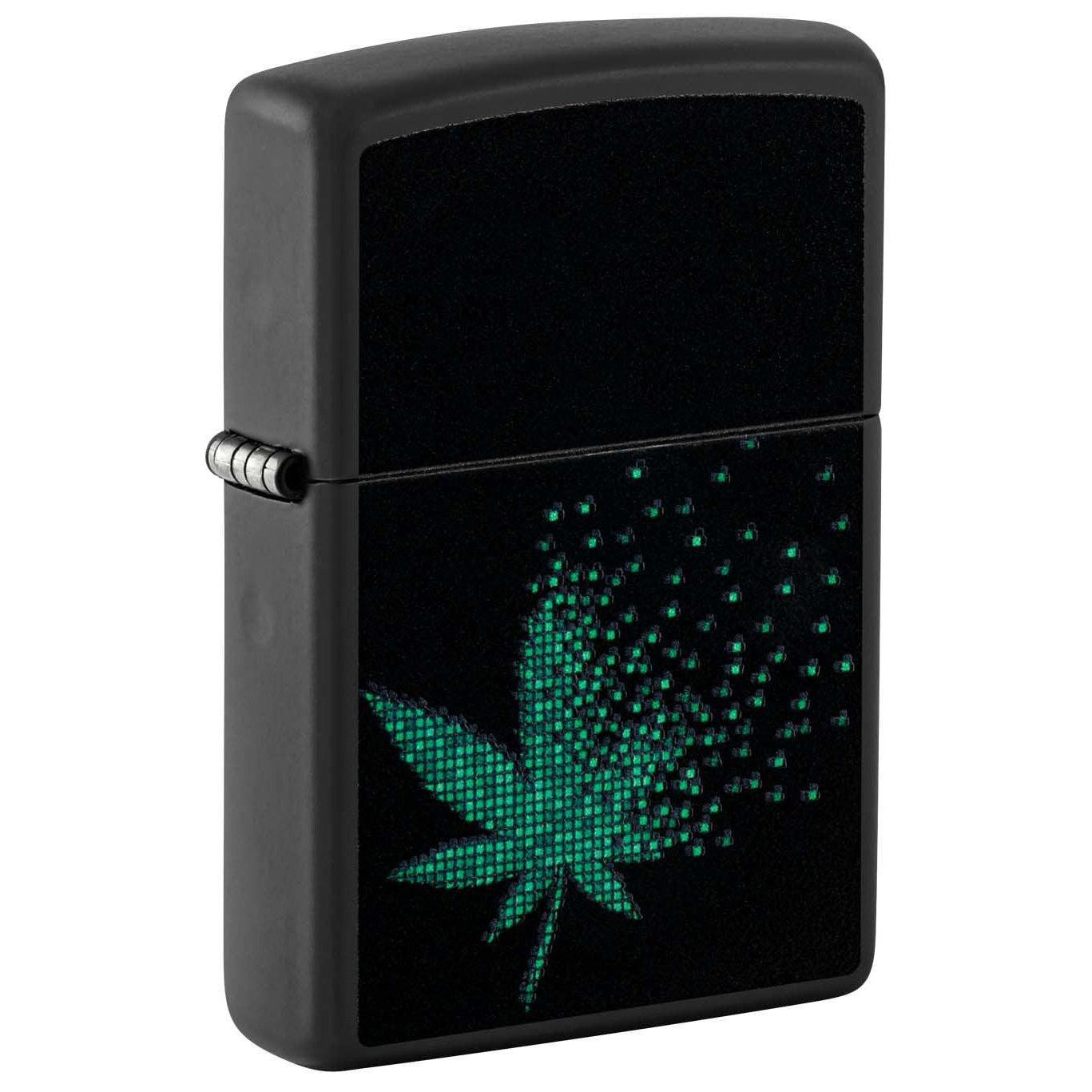 Zippo Lighter: Pixel Weed Leaf, Black Light - Black Matte 48677
