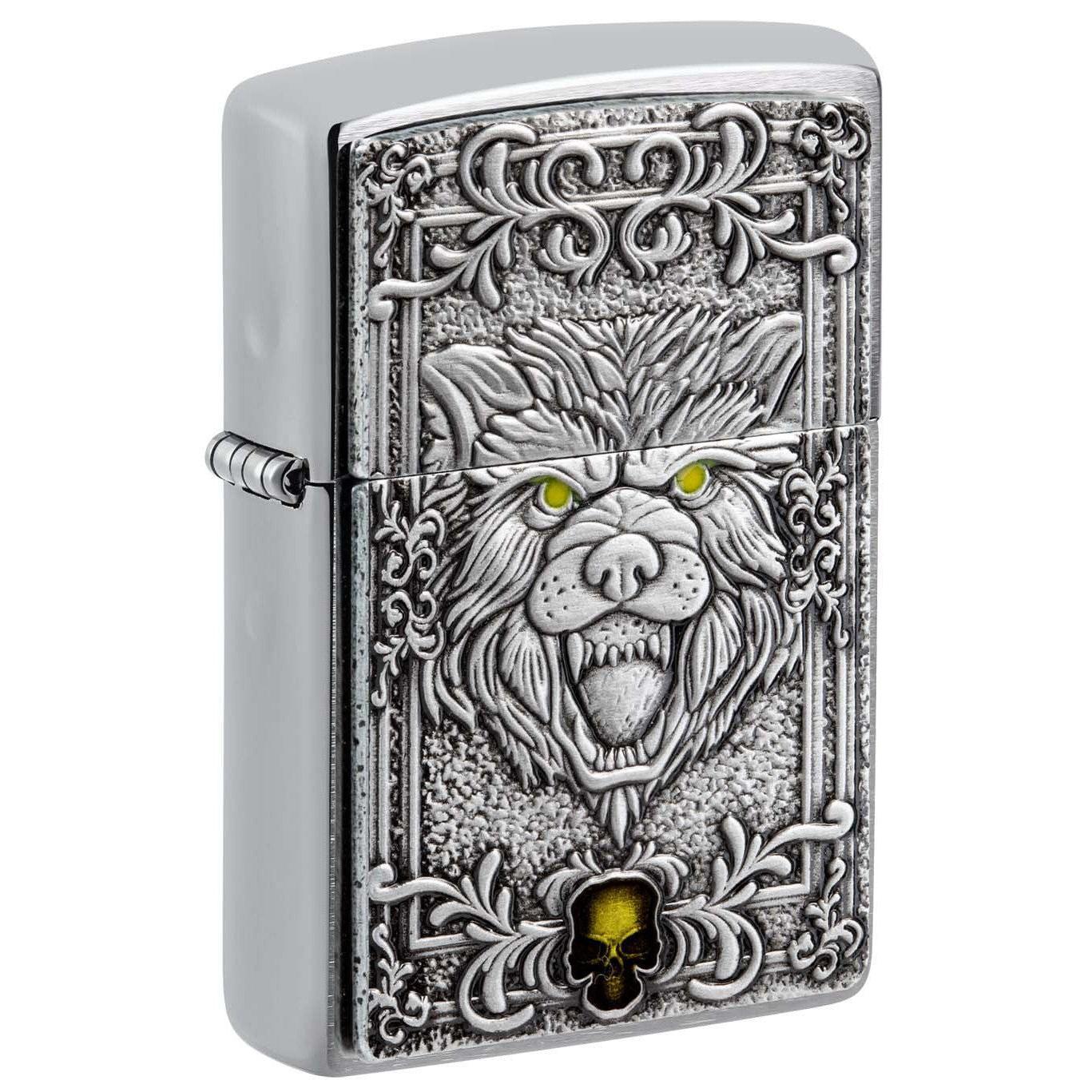 Zippo Lighter: Fierce Wolf Emblem - Brushed Chrome 48690