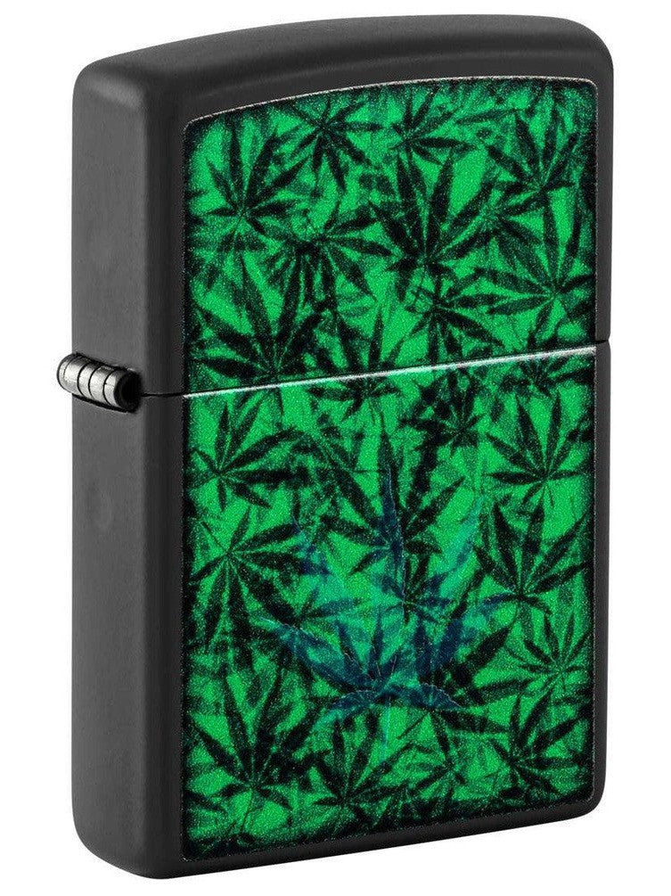 Zippo Lighter: Weed Leaf Pattern, Black Light - Black Matte 48736