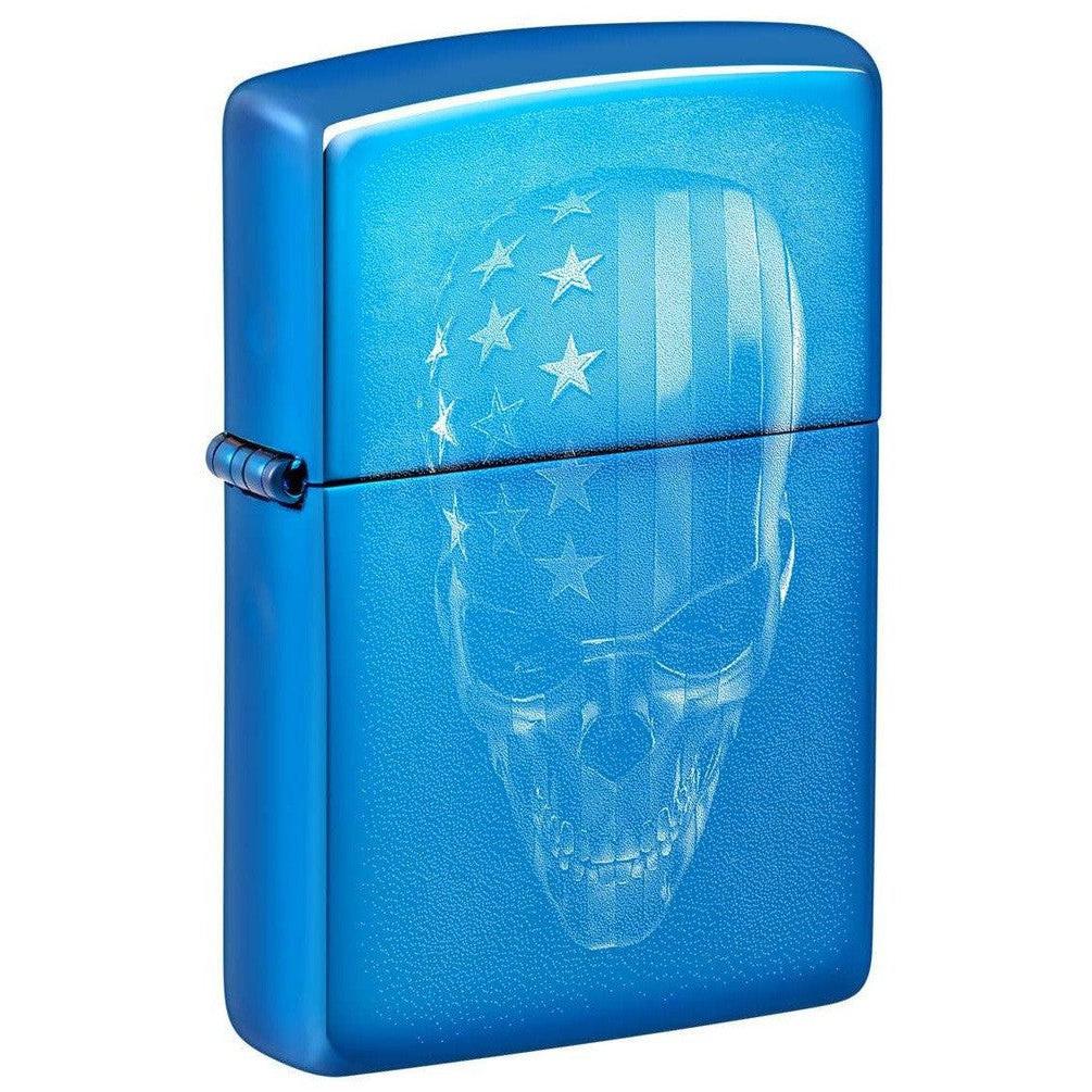 Zippo Lighter: American Flag Skull, Photo Image - High Polish Blue 48739