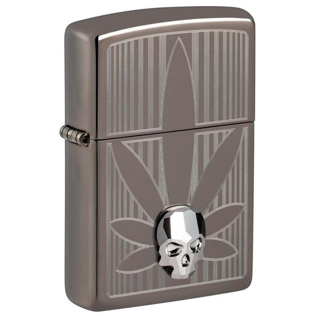 Zippo Lighter: Engraved Weed Leaf with Crystal Skull - Black Ice 48773