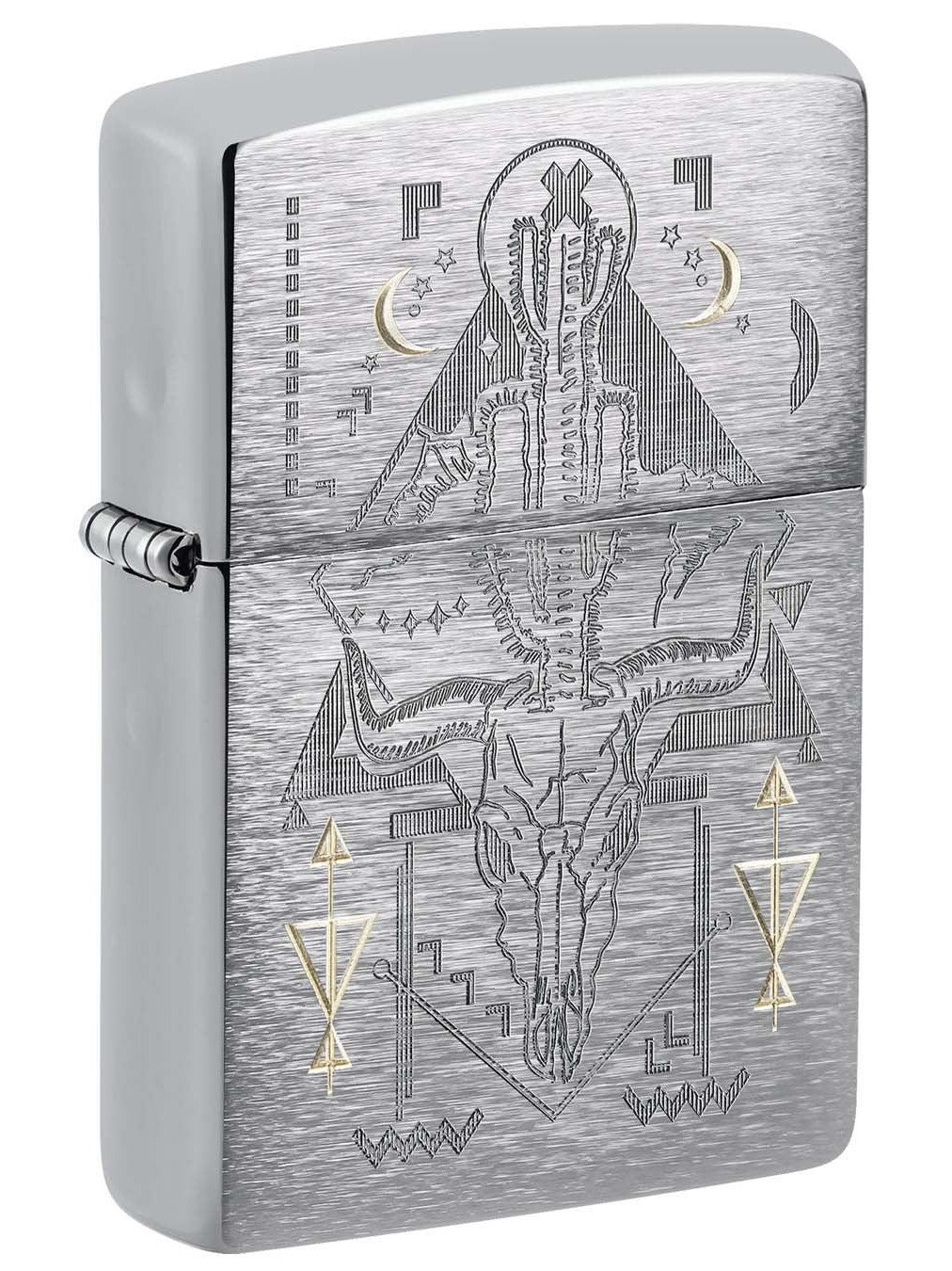 Zippo Lighter: Engraved Bull Skull and Cactus - Brushed Chrome 48801