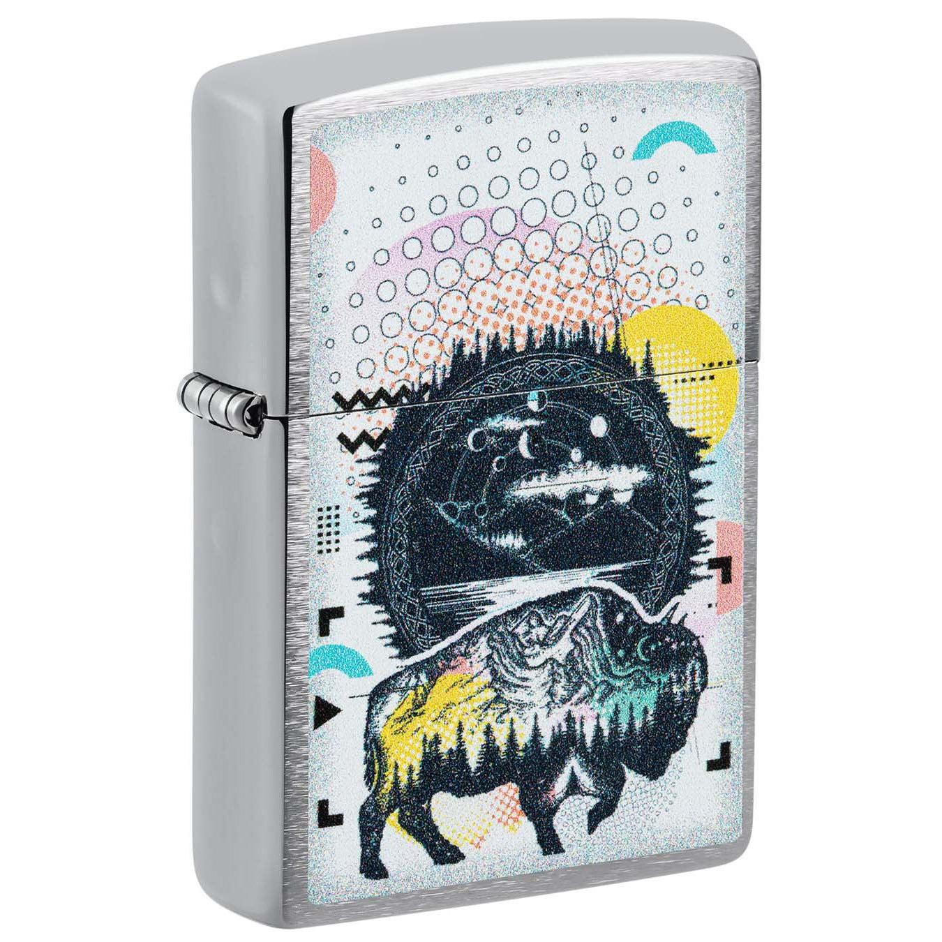 Zippo Lighter: Bison Design - Brushed Chrome 48802