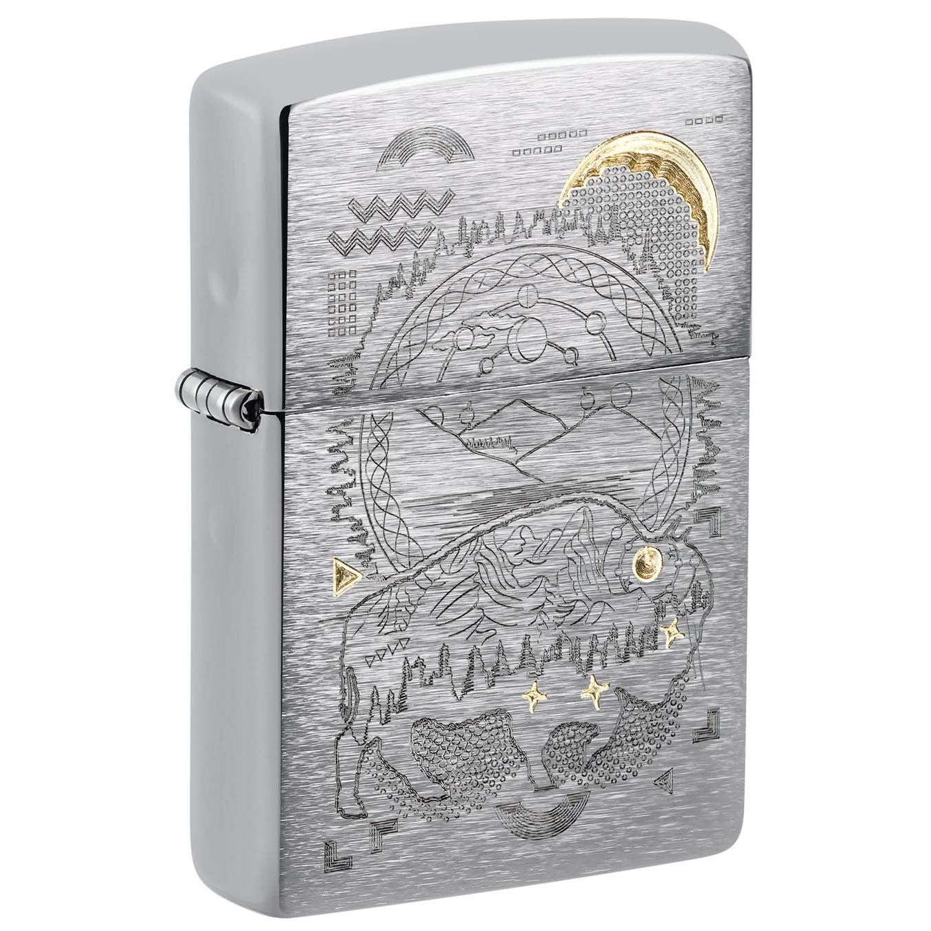 Zippo Lighter: Bison Design Engraved - Brushed Chrome 48803