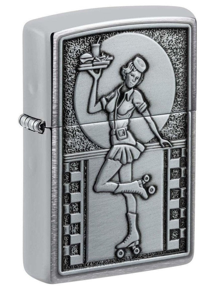 Zippo Lighter: Roller Skating Waitress Emblem - Brushed Chrome 48904