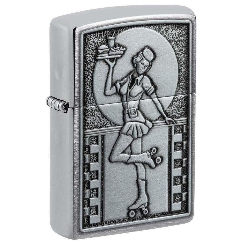Zippo Lighter: Roller Skating Waitress Emblem - Brushed Chrome 48904