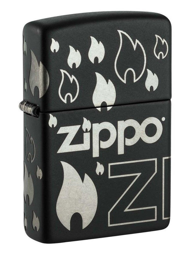 Zippo Lighter: Zippo Logo and Flames, Laser 360 - Black Matte 48908