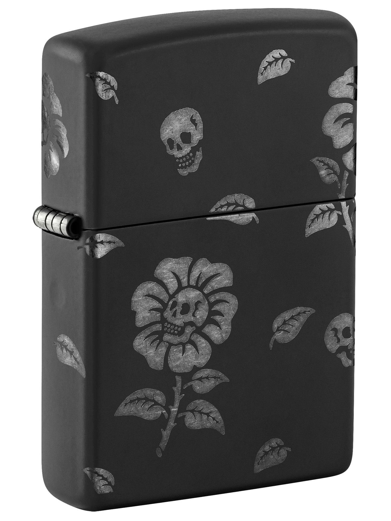 Zippo Lighter: Skull Flowers, Laser Engraved 360 - Black Matte with Chrome 48931