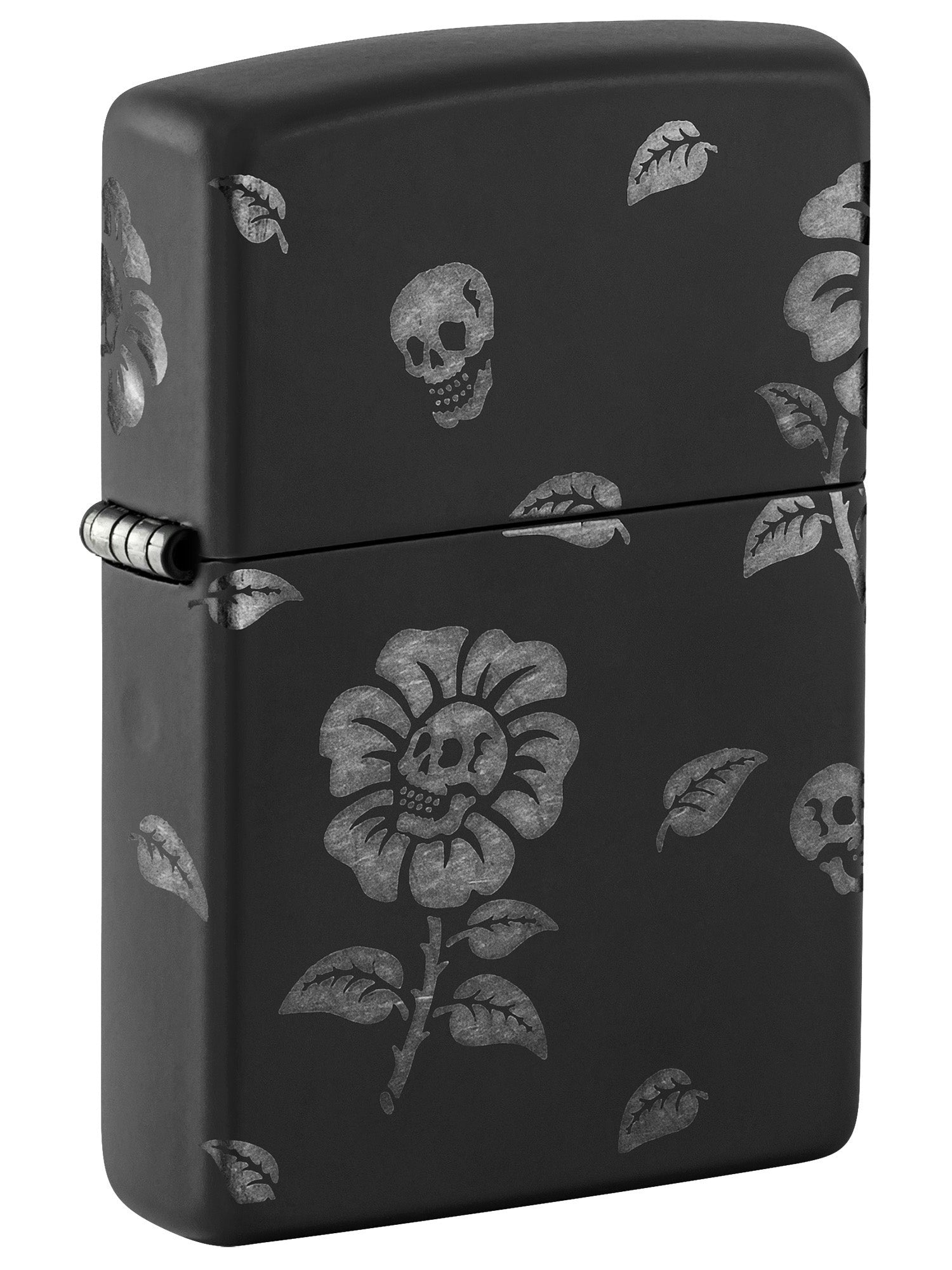 Zippo Lighter: Skull Flowers, Laser Engraved 360 - Black Matte with Chrome 48931