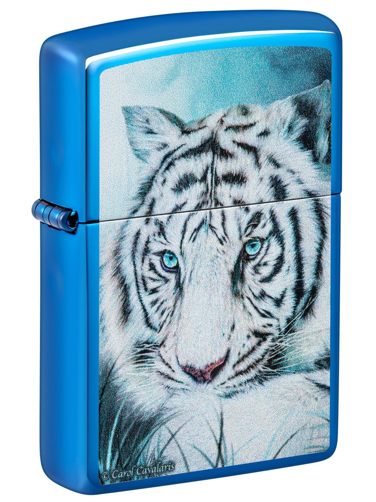 Zippo Lighter: White Tiger, Spirit of Sensuality by Carol Cavalaris - High Polish Blue 48951