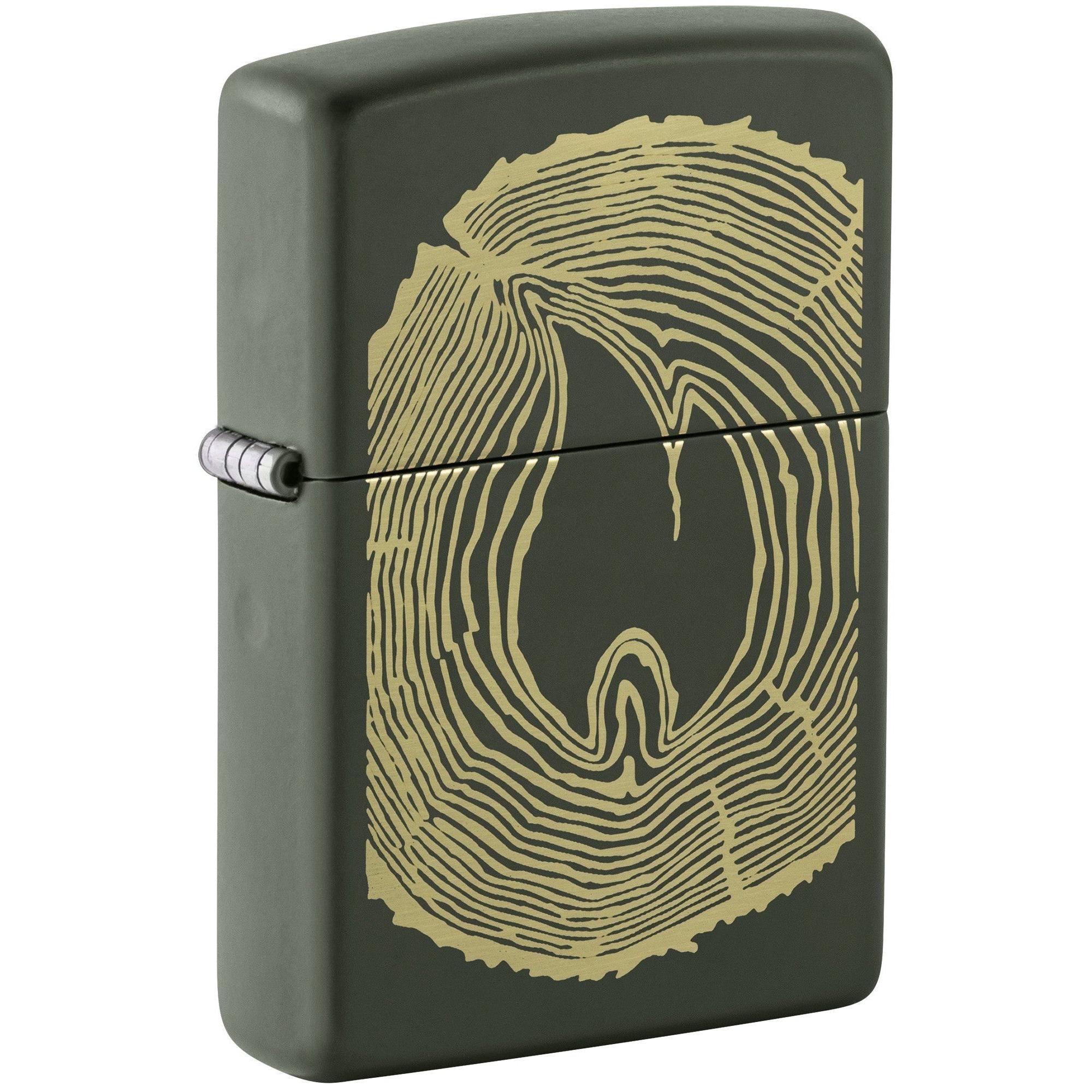 Zippo Lighter: Wood Rings with Flame, Engraved - Green Matte 48959