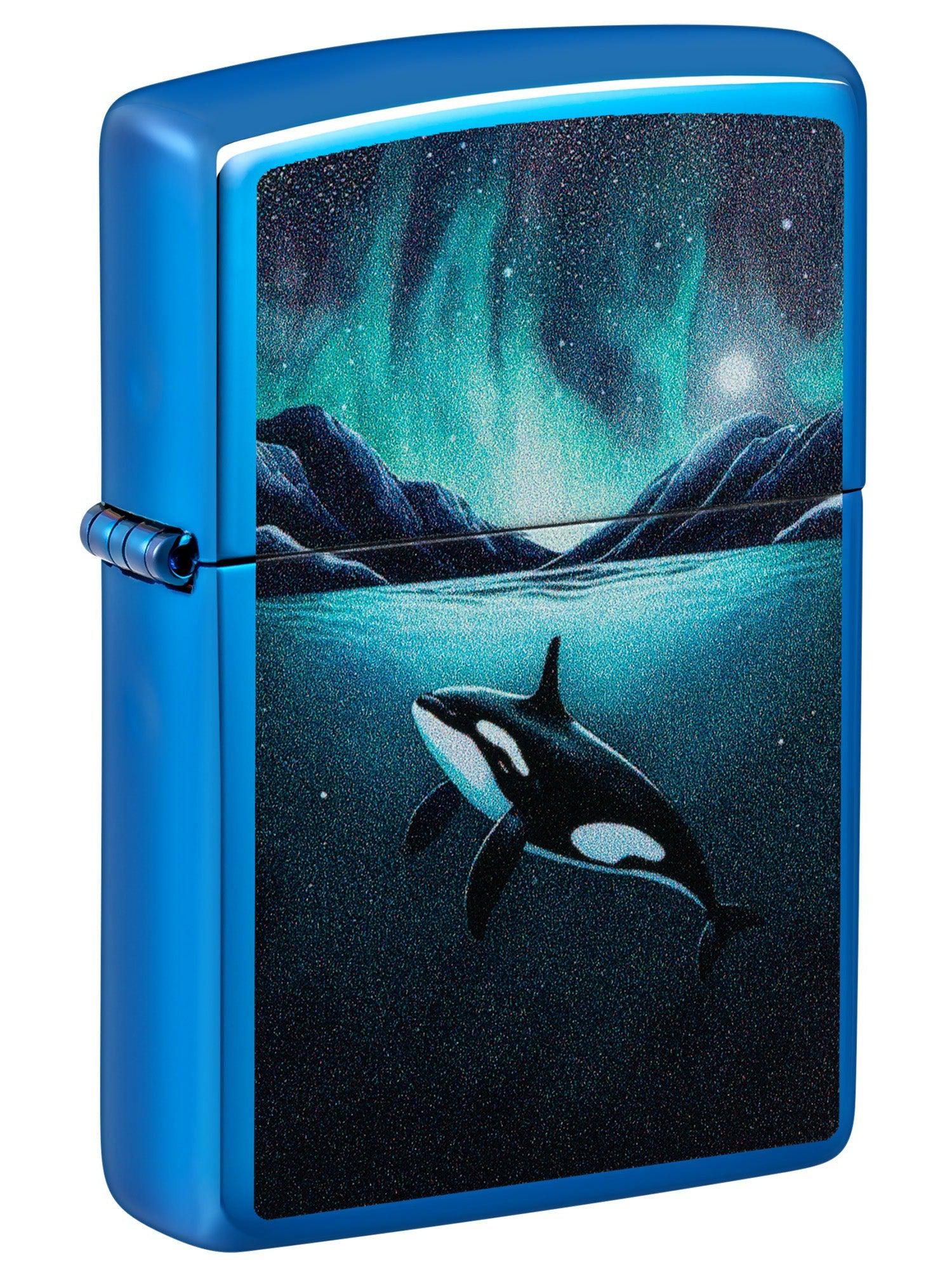 Zippo Lighter: Killer Whale Design - High Polish Blue 48984