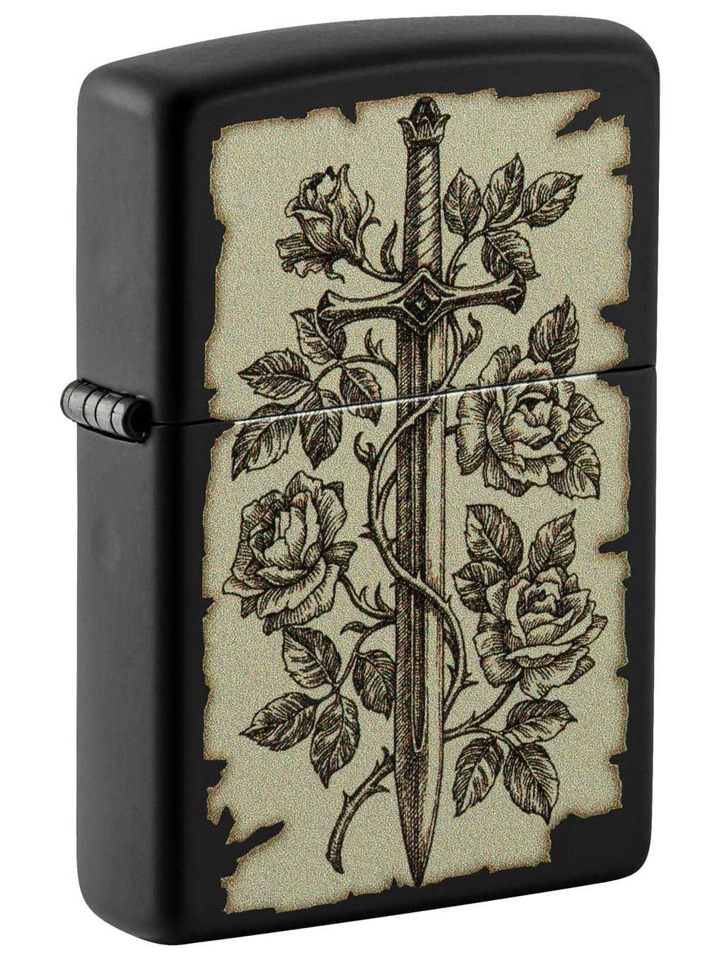 Zippo Lighter: Medieval Swords With Roses and Dragon - Black Matte 49965