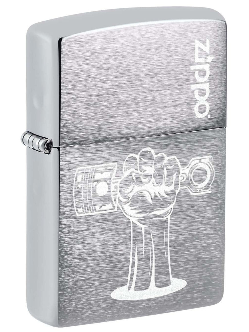Zippo Lighter: Hand and Piston, Engraved - Brushed Chrome 49986
