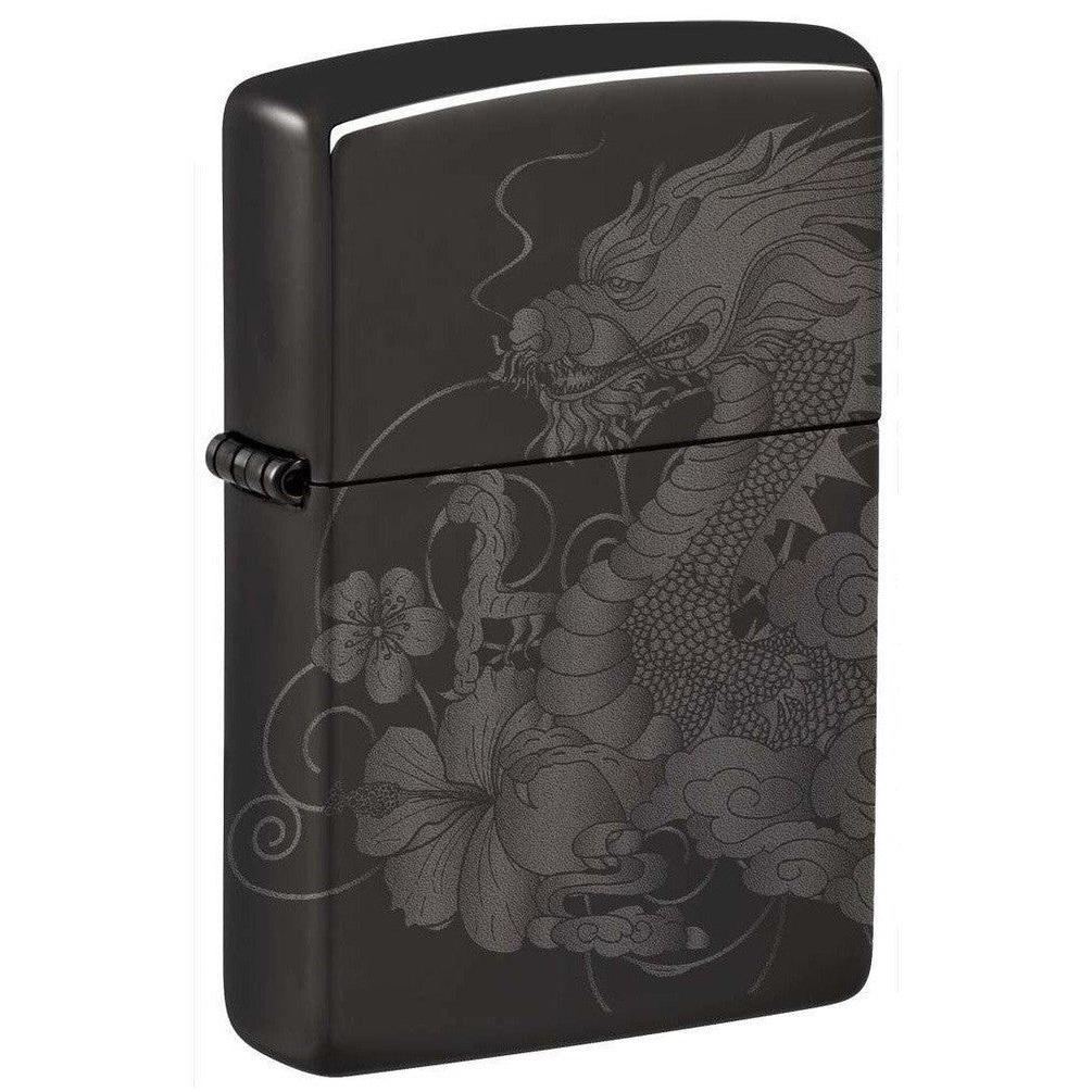 Zippo Lighter: Dragon with Flowers, Photo Image 360 - High Polish Black 81266