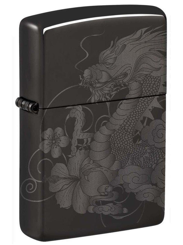 Zippo Lighter: Dragon with Flowers, Photo Image 360 - High Polish Black 81266