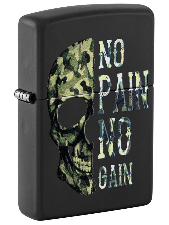 Zippo Lighter: Camo Skull, No Pain No Gain, Blacklight - Black Matte 81292